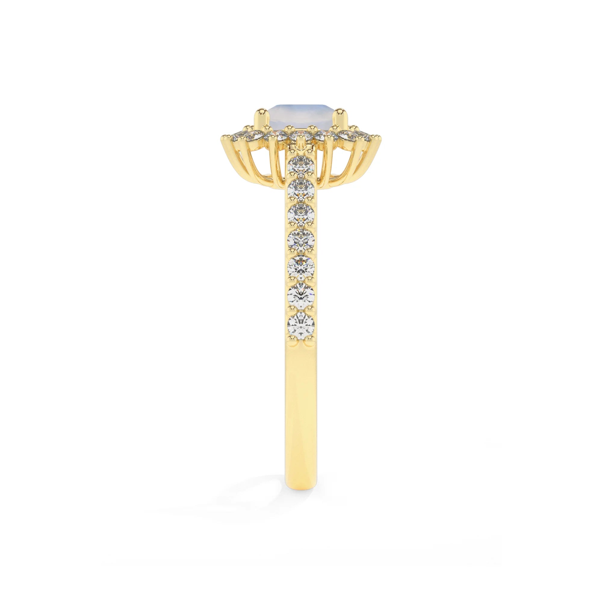 natural rainbow-moonstone cushion solitaire rings in yellow gold 
