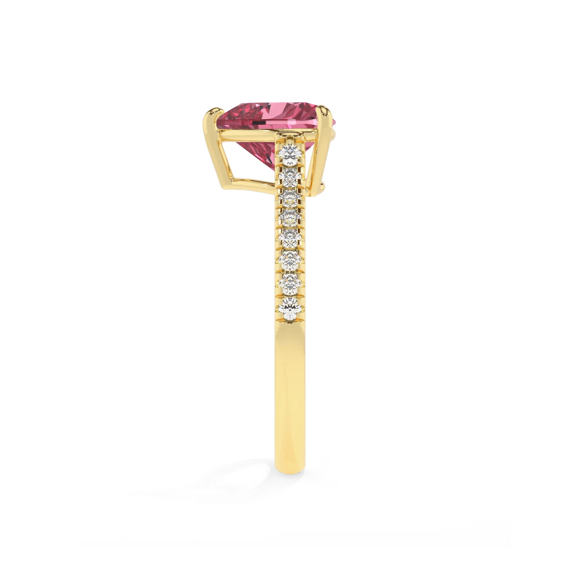 lab grown pink-tourmaline heart half eternity solitaire engagement rings in yellow gold 