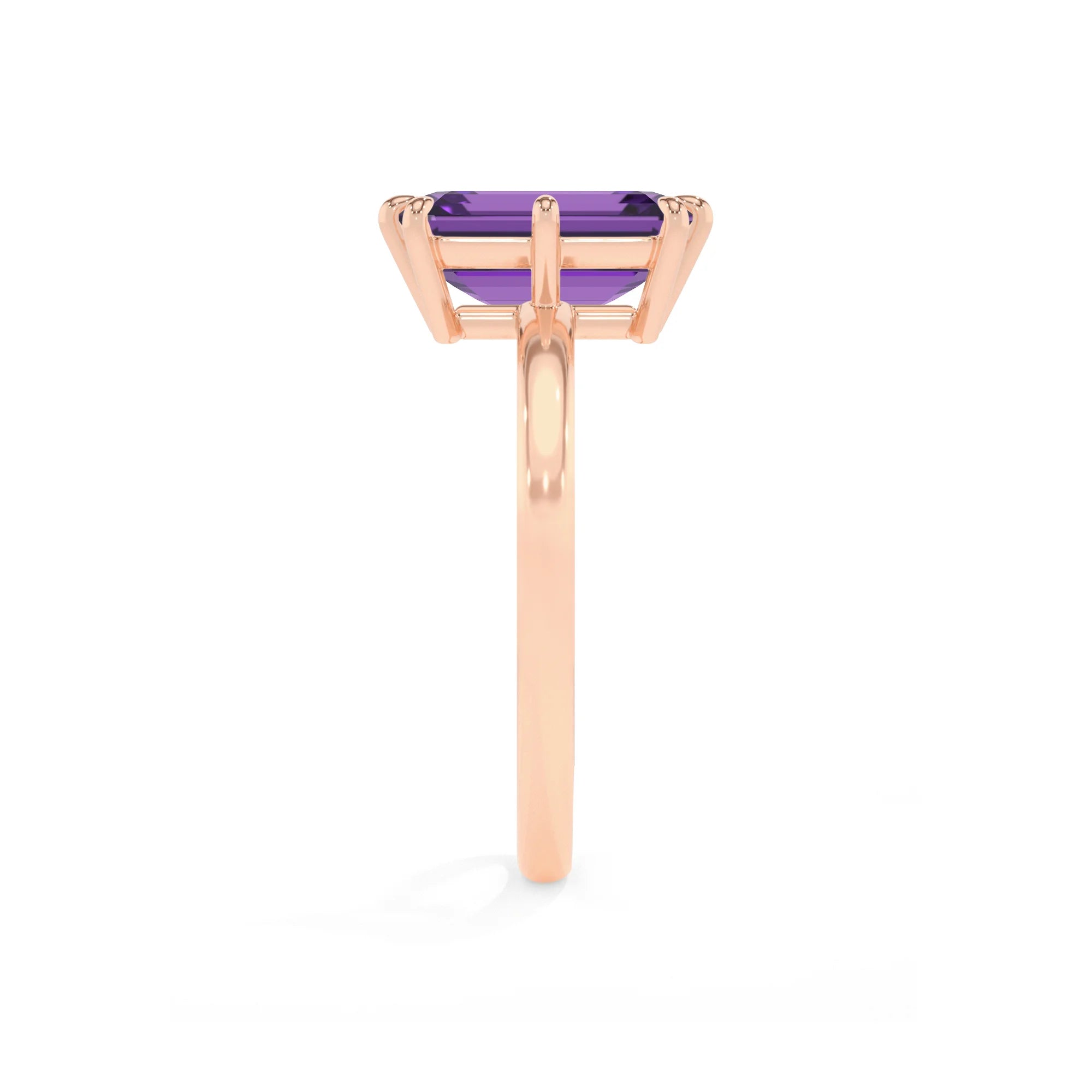 lab grown amethyst emerald cut solitaire rings in rose gold 