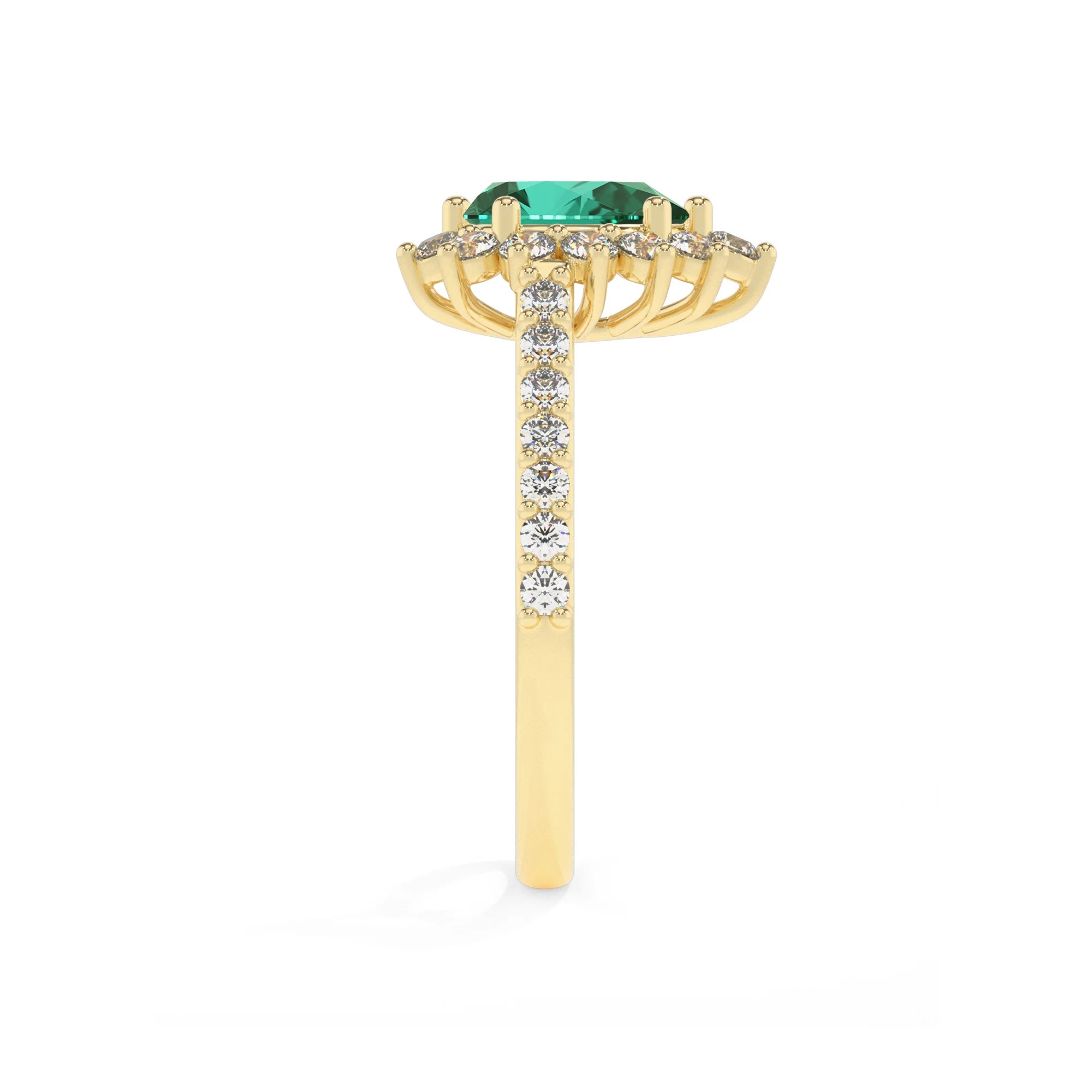 lab grown emerald pear solitaire rings in yellow gold 