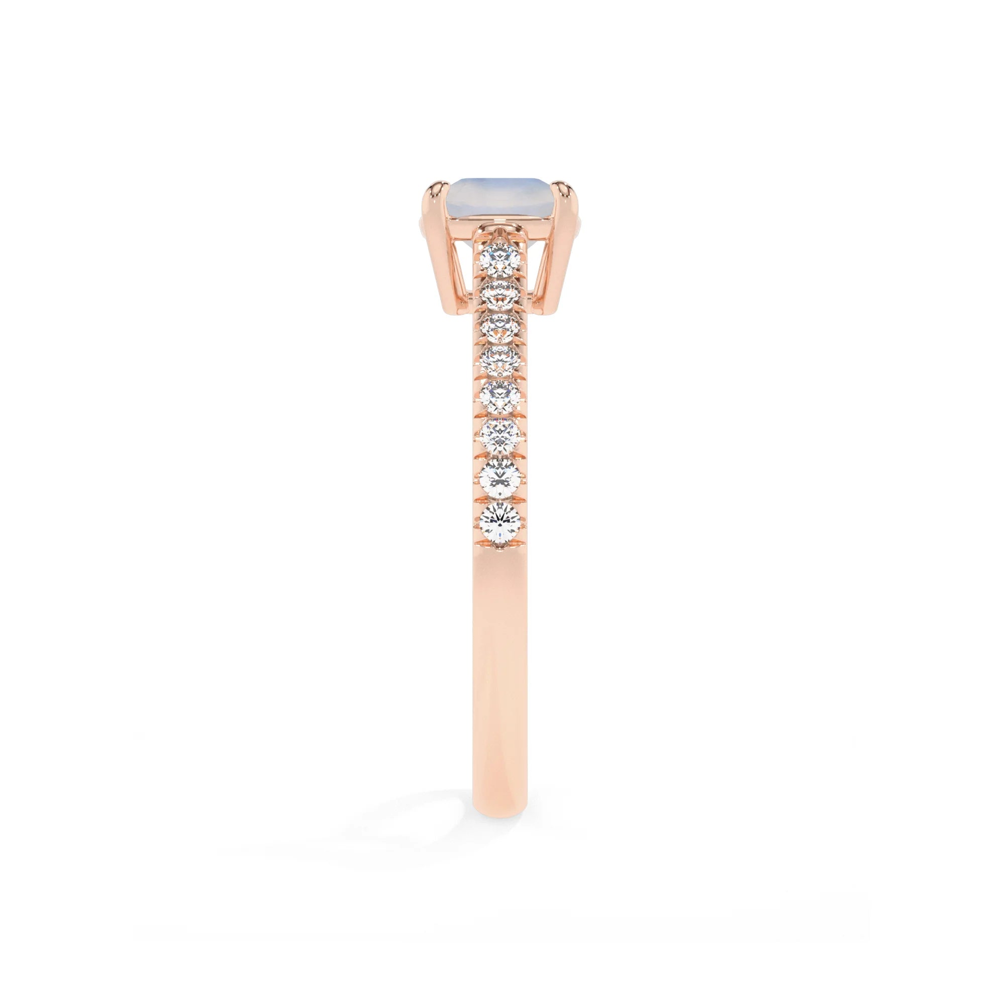 natural rainbow-moonstone cushion half eternity solitaire engagement rings in rose gold 