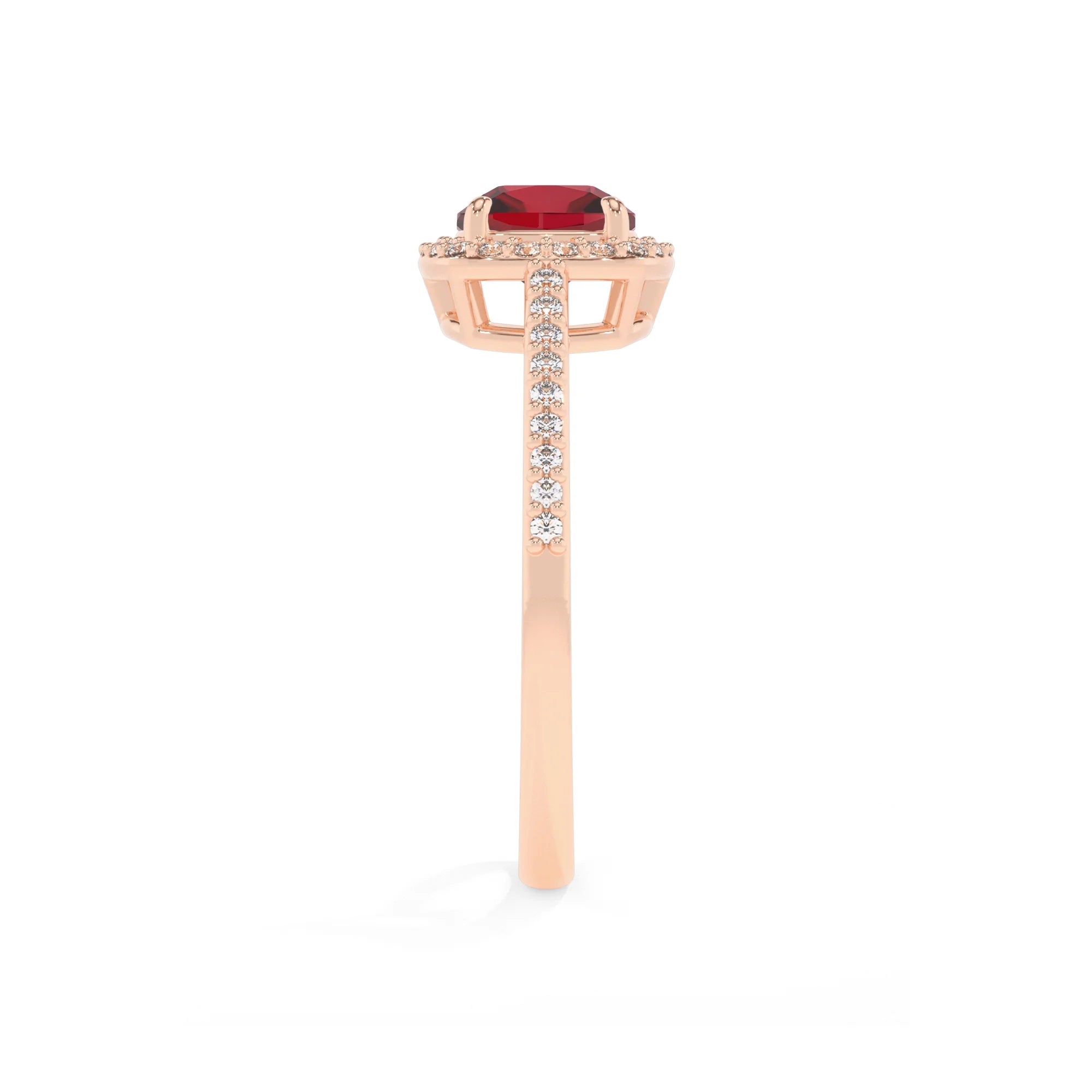 lab grown ruby cushion solitaire rings in rose gold 