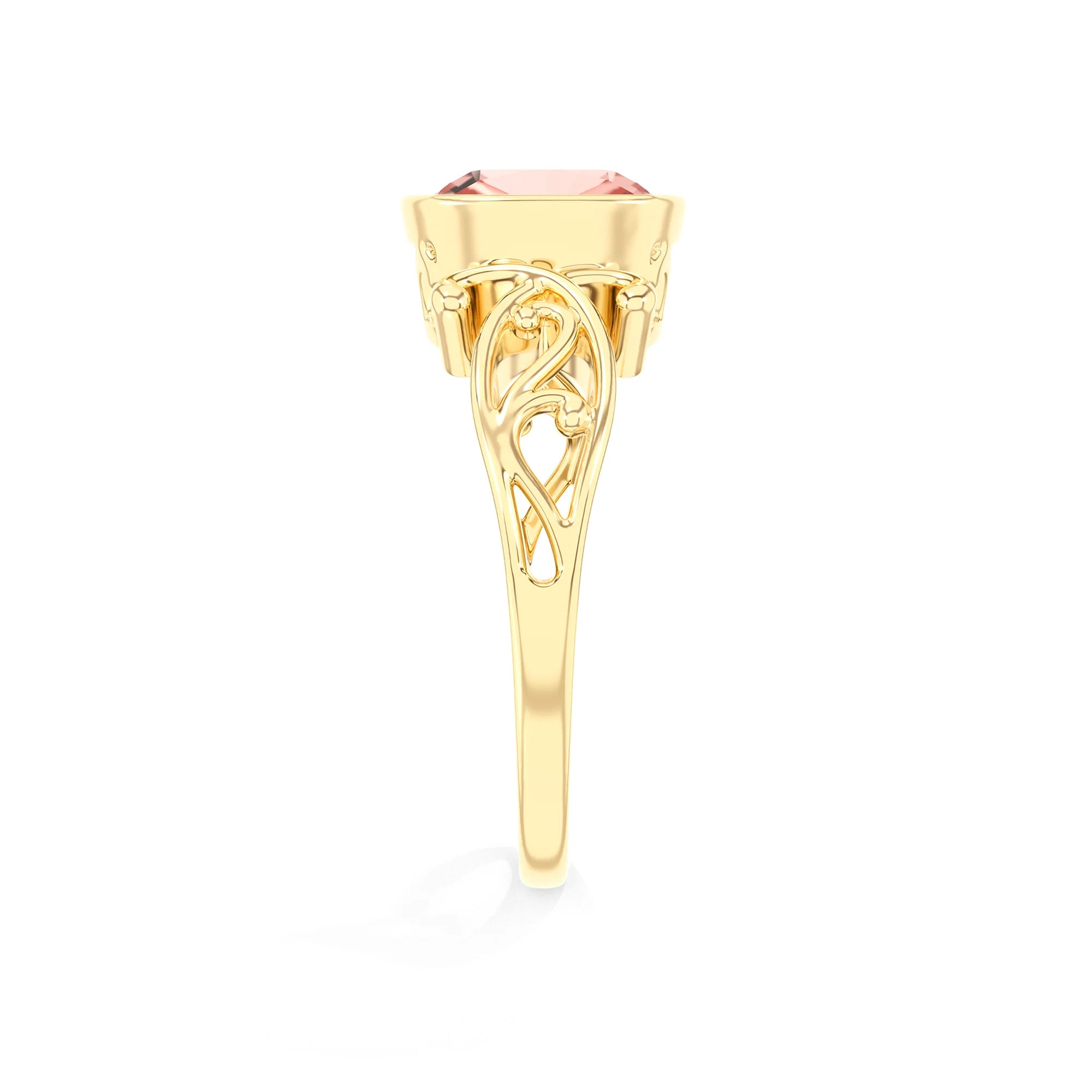 lab grown morganite cushion solitaire rings in yellow gold 