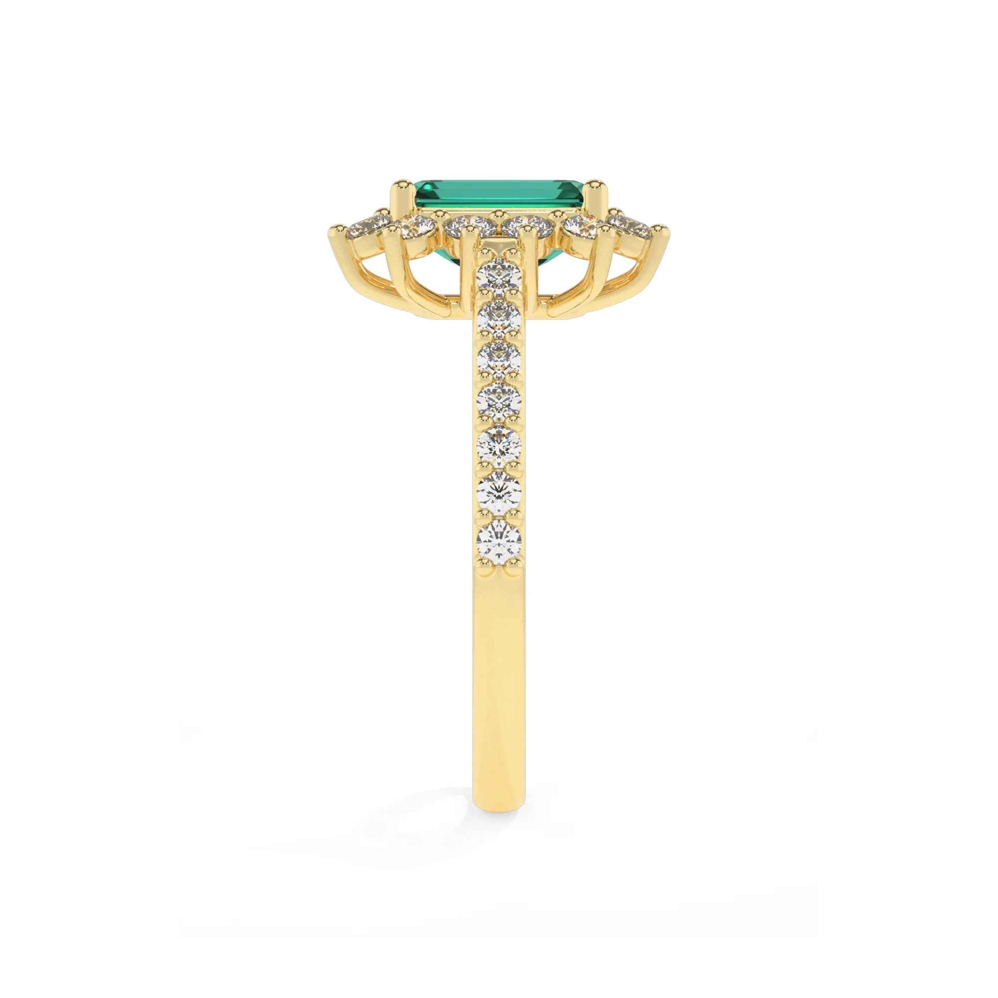 lab grown emerald octogon cut solitaire rings in yellow gold 