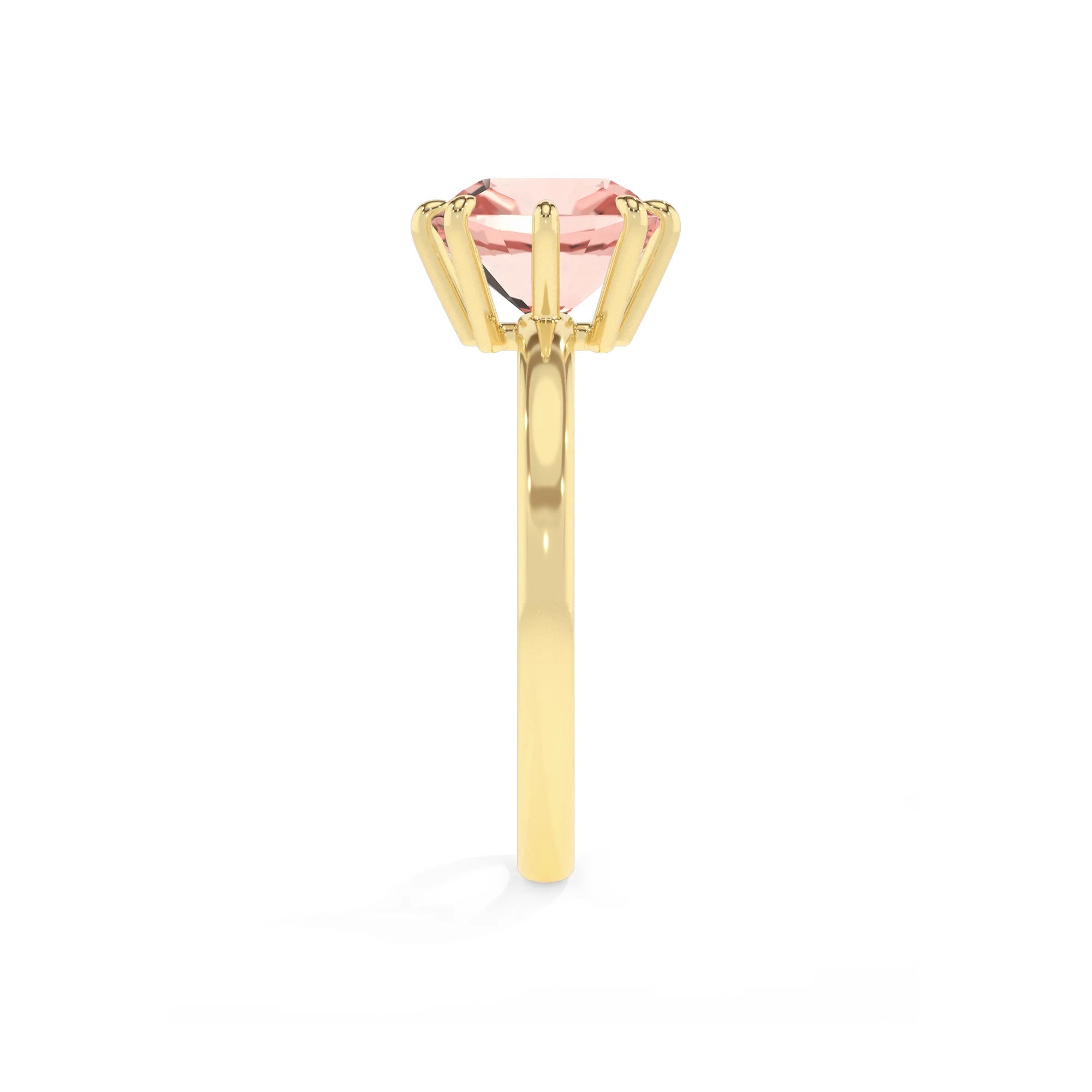lab grown morganite cushion solitaire rings in yellow gold 