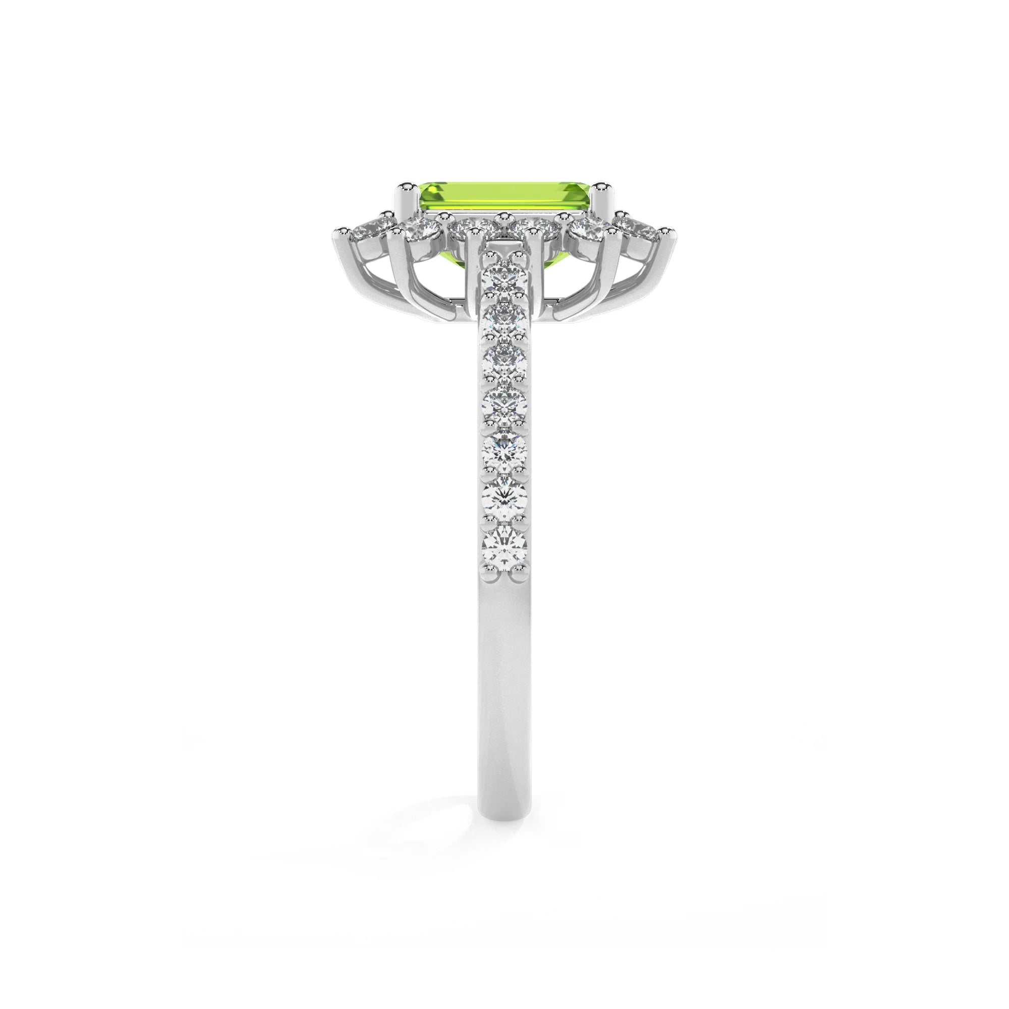 natural peridot emerald cut solitaire rings in white gold 