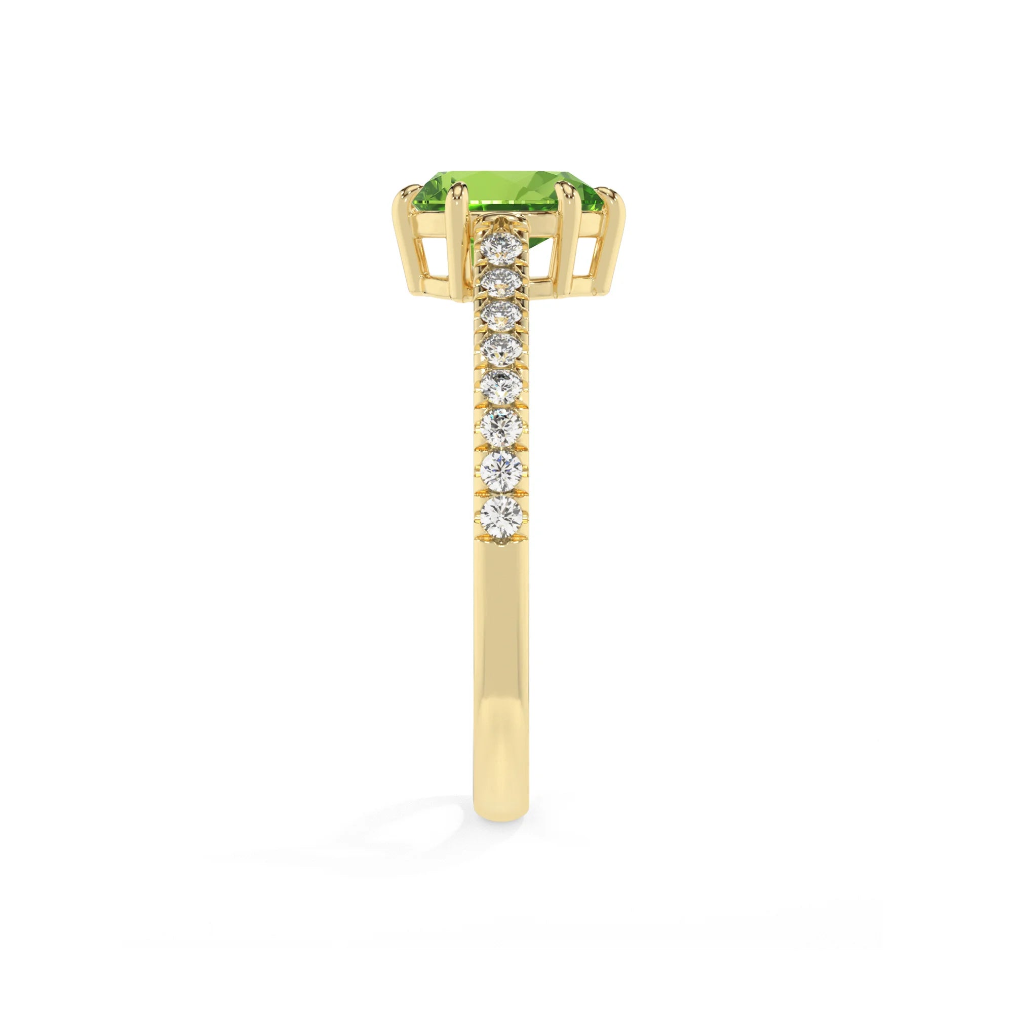 natural peridot pear half eternity solitaire engagement rings in yellow gold 