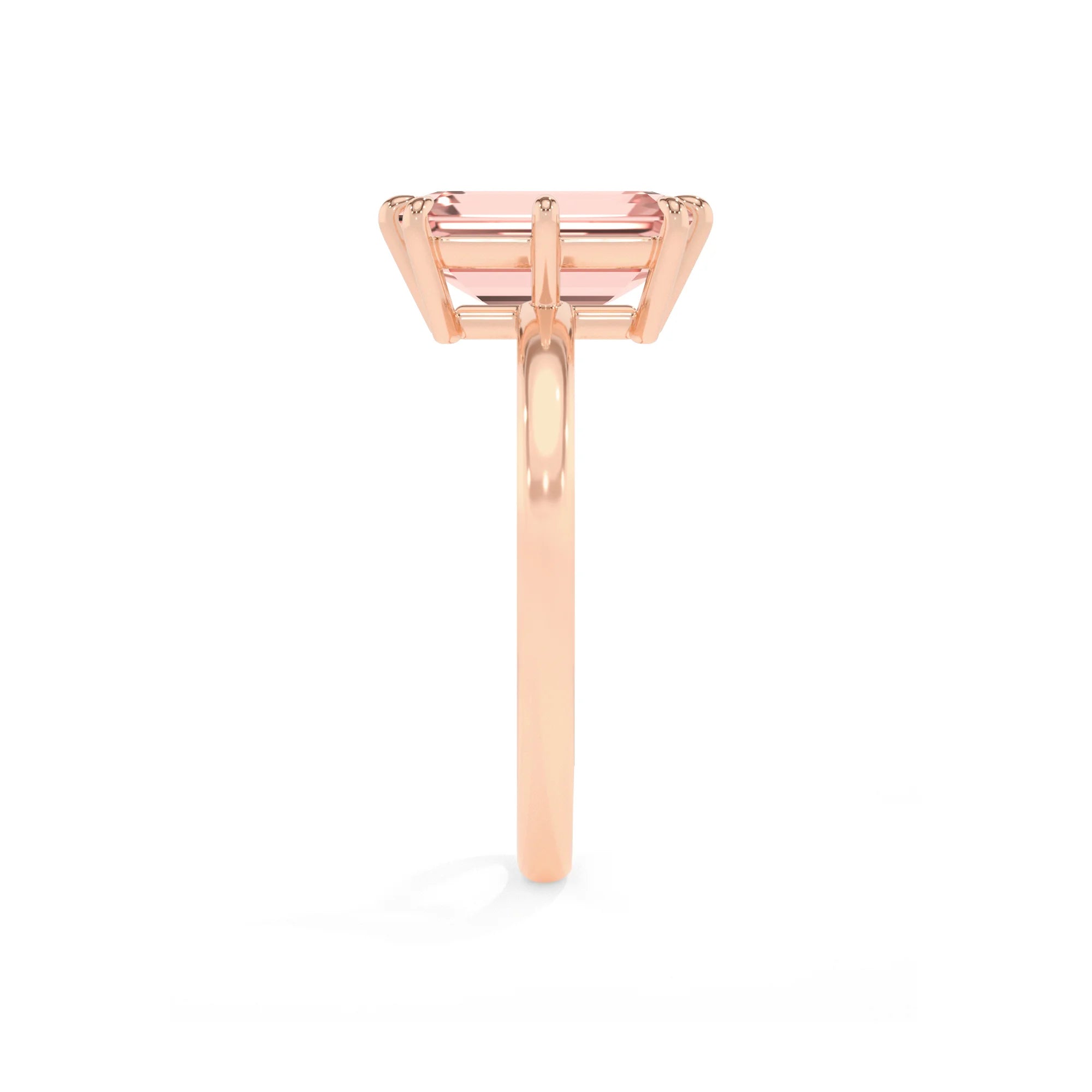lab grown morganite emerald cut solitaire rings in rose gold 