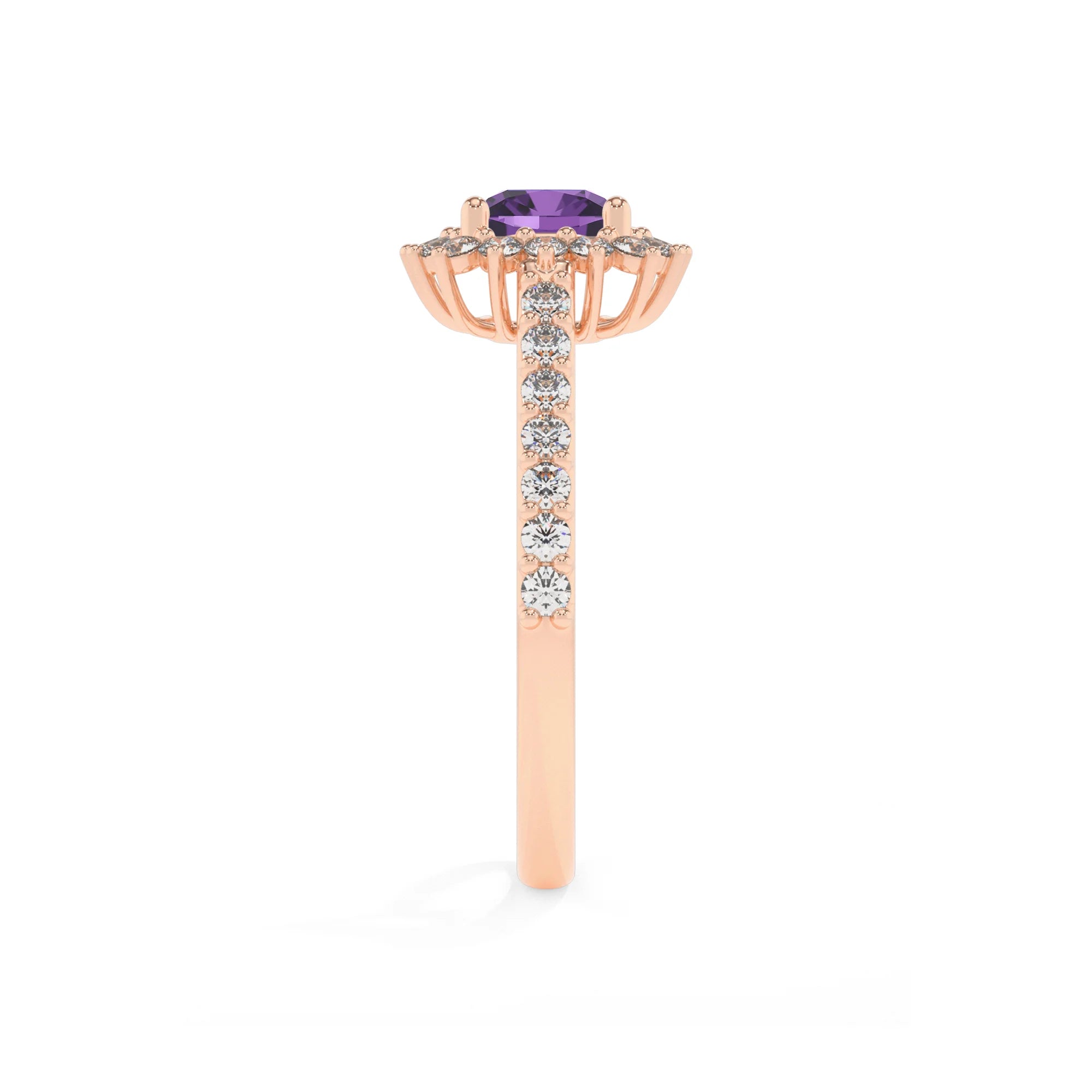 lab grown amethyst cushion solitaire rings in rose gold 