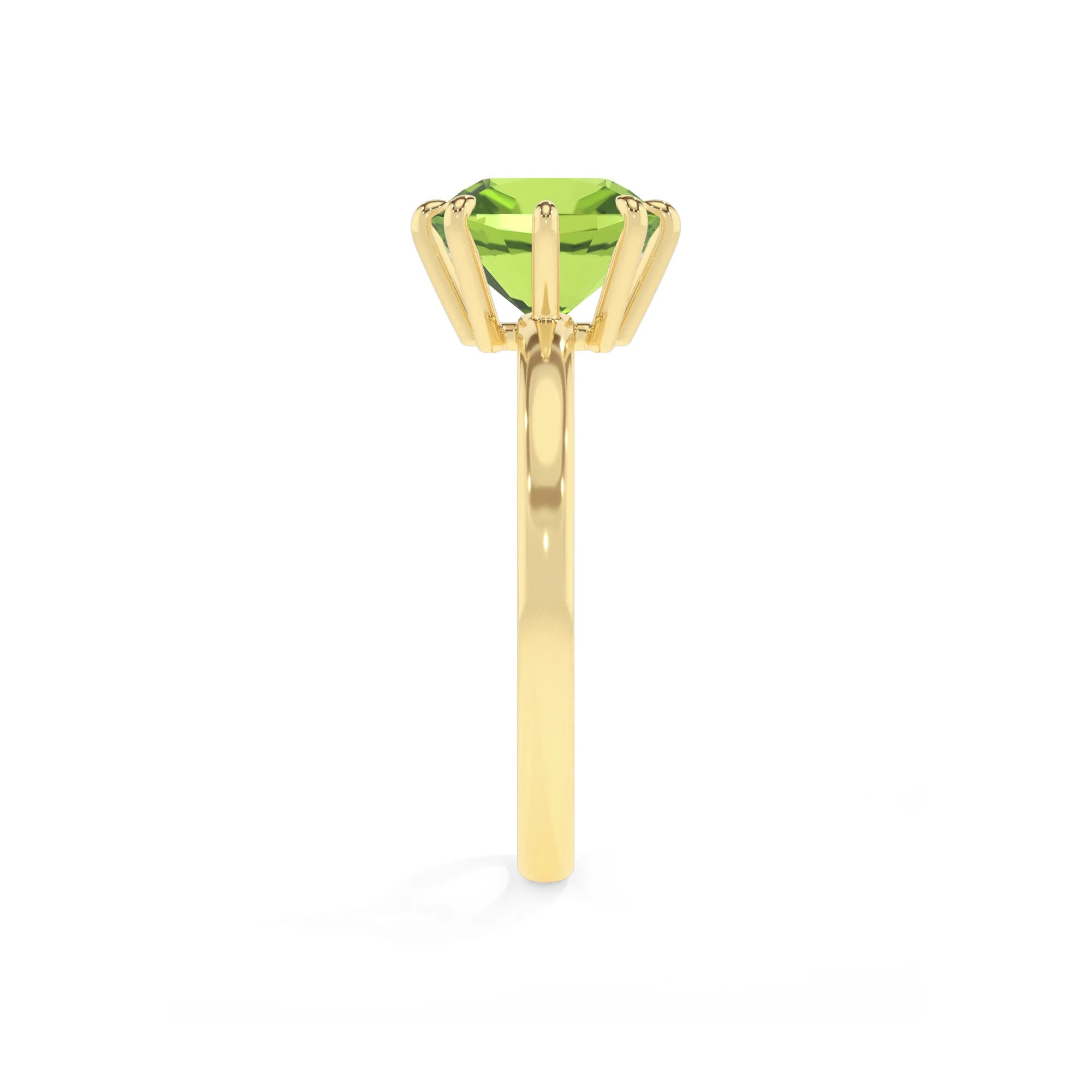 natural peridot cushion solitaire rings in yellow gold 