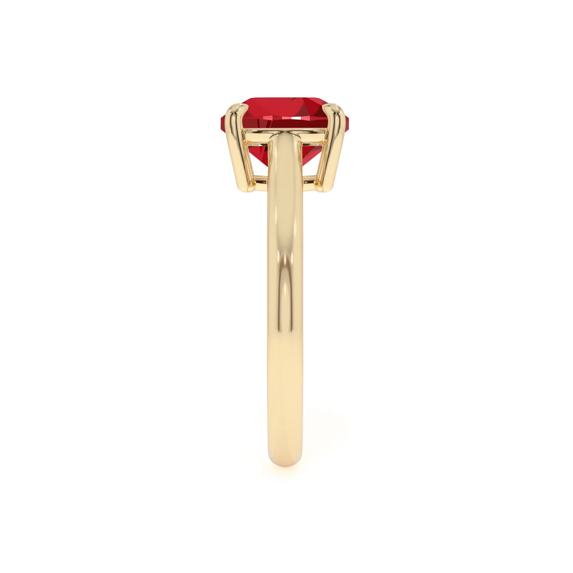 lab grown ruby cushion solitaire rings in yellow gold 