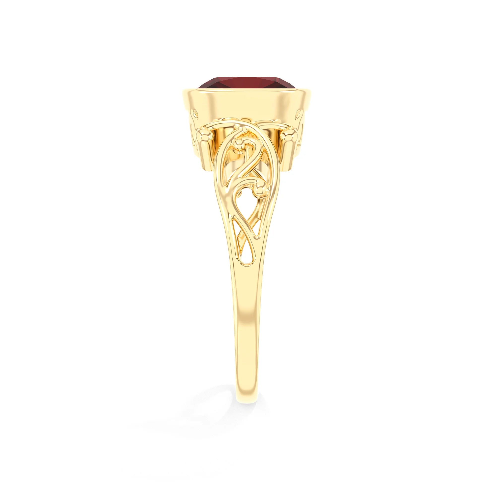 natural garnet cushion solitaire rings in yellow gold 