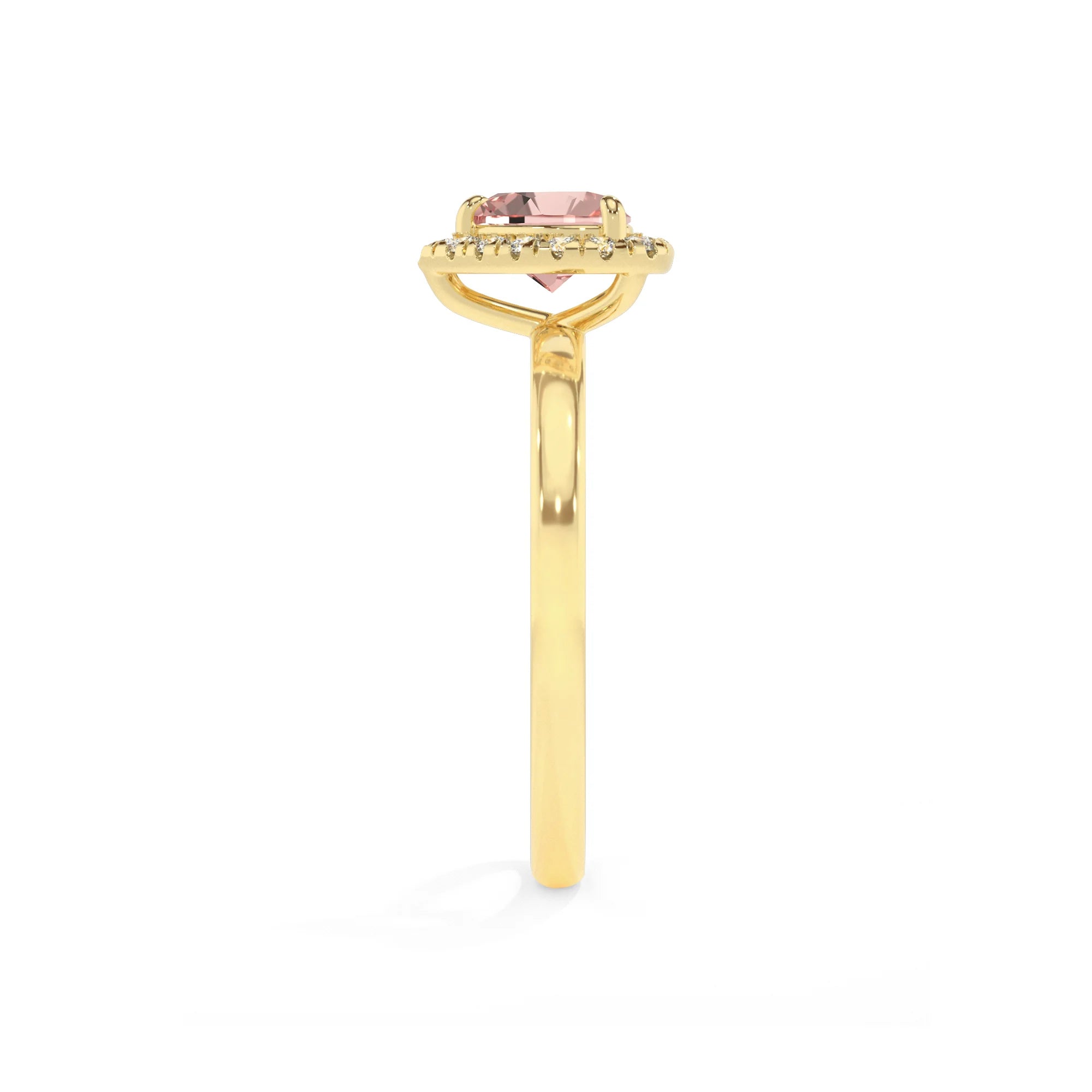 lab grown morganite heart solitaire rings in yellow gold 