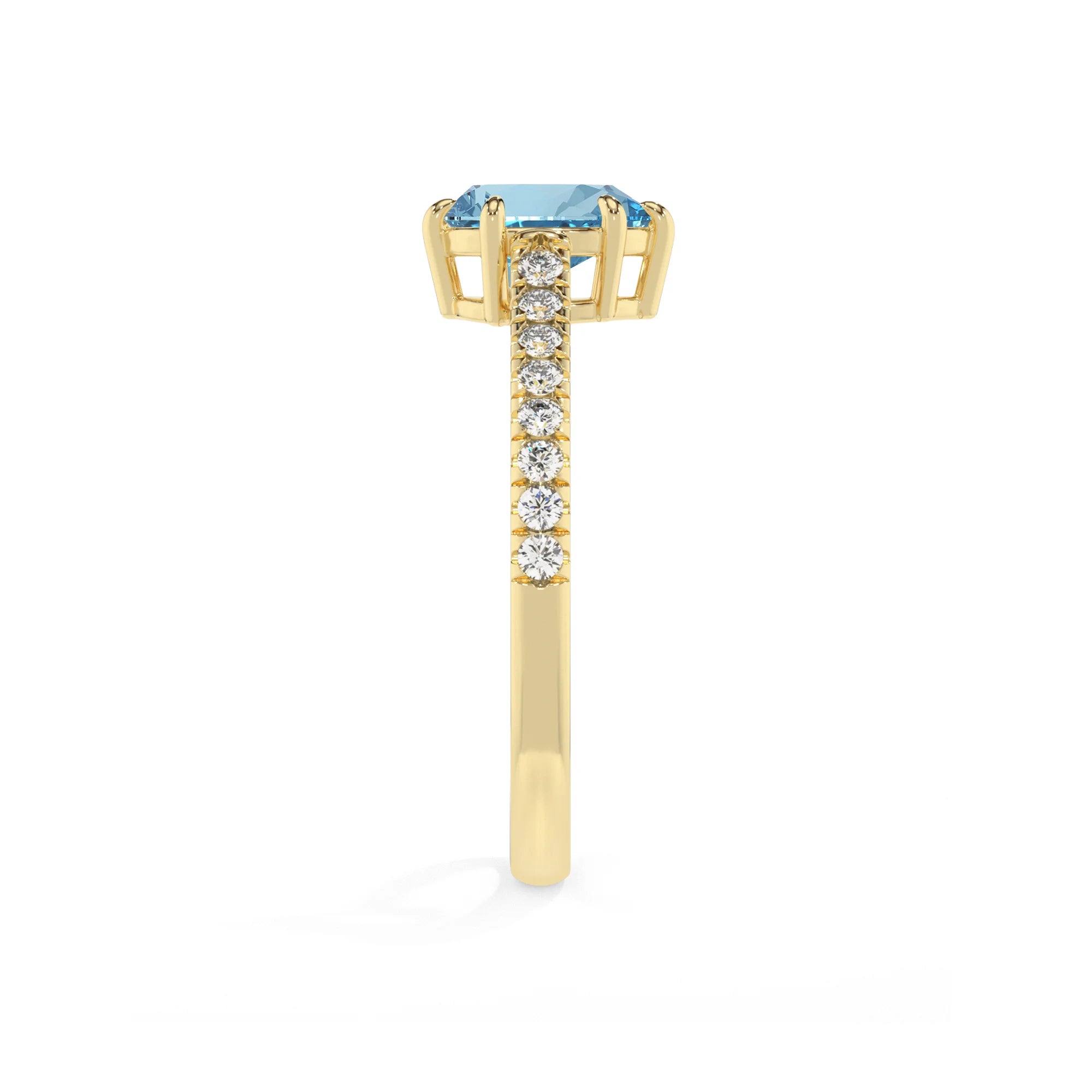 lab grown aquamarine pear half eternity solitaire engagement rings in yellow gold 