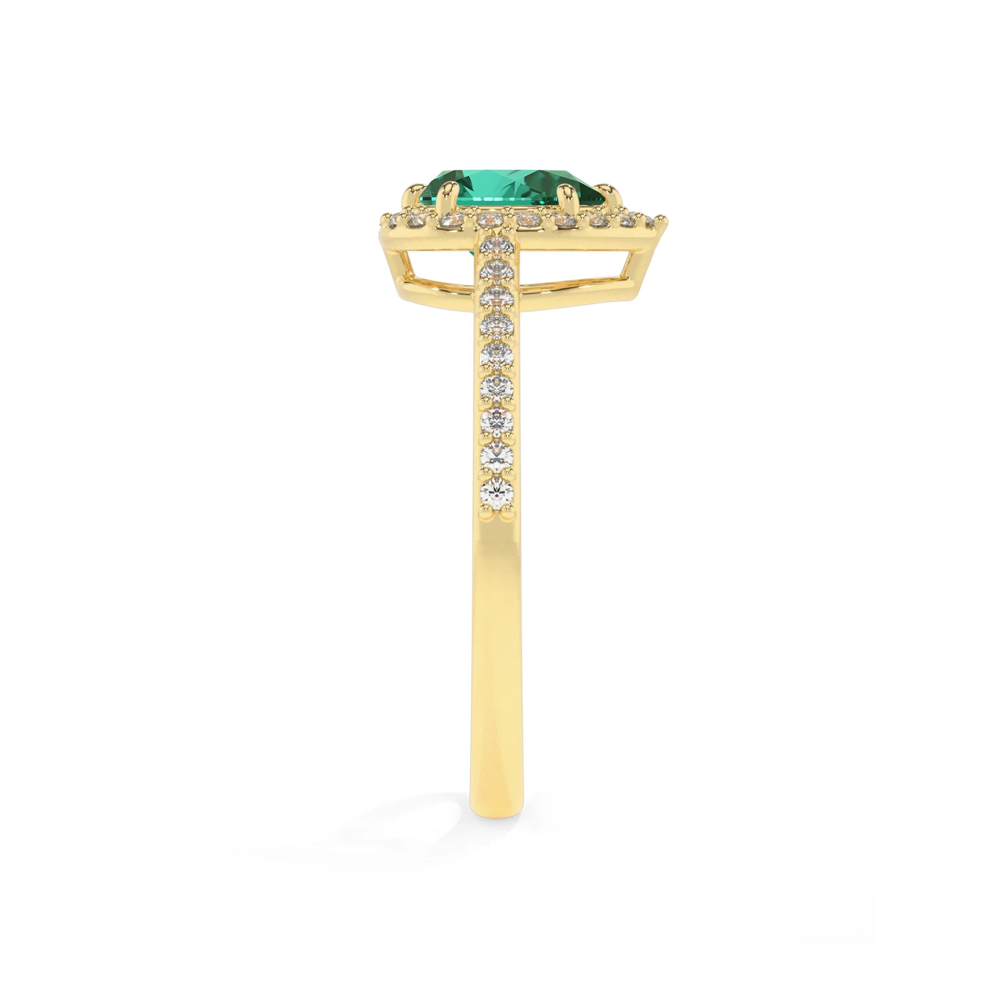 lab grown emerald pear solitaire rings in yellow gold 