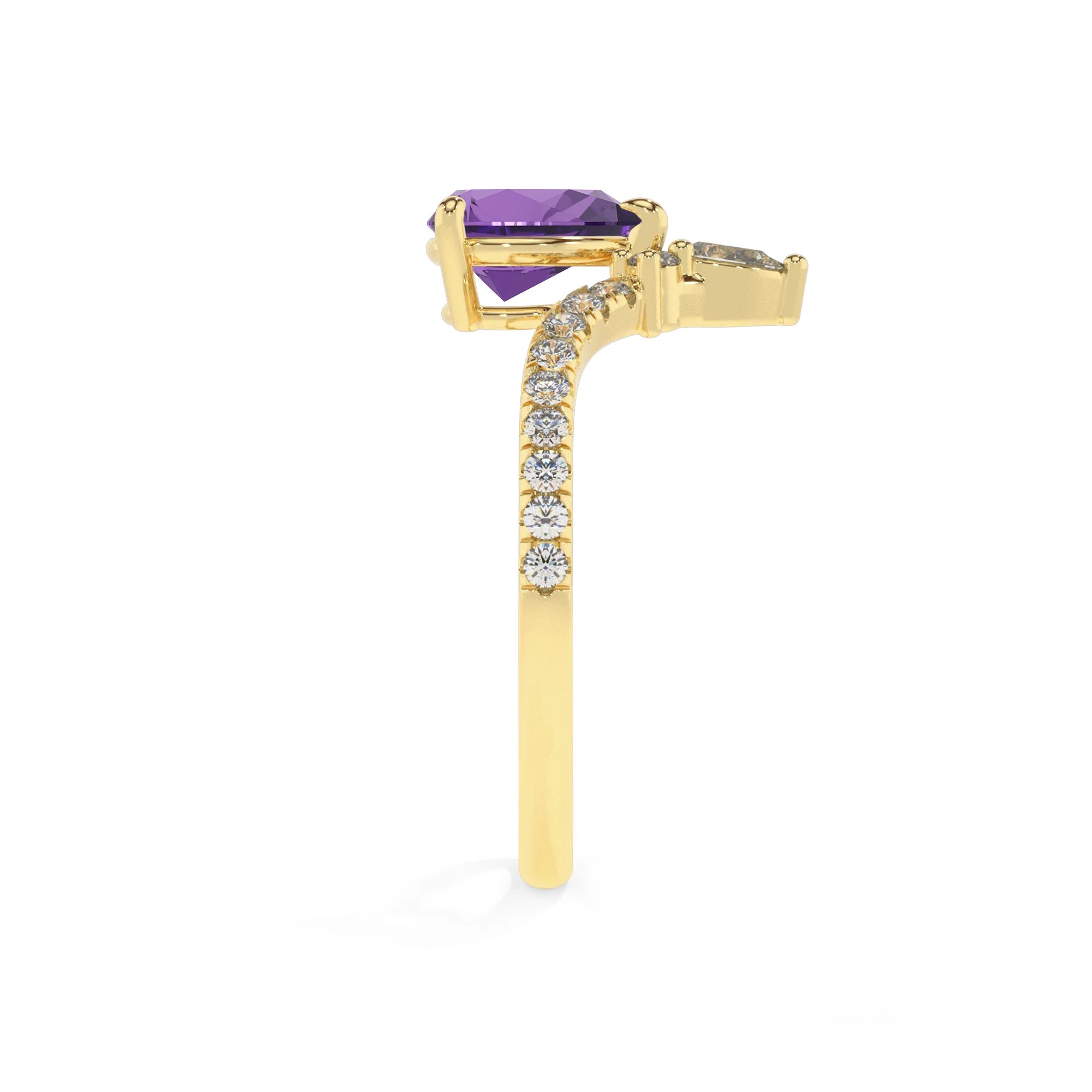 lab grown amethyst pear solitaire rings in yellow gold 