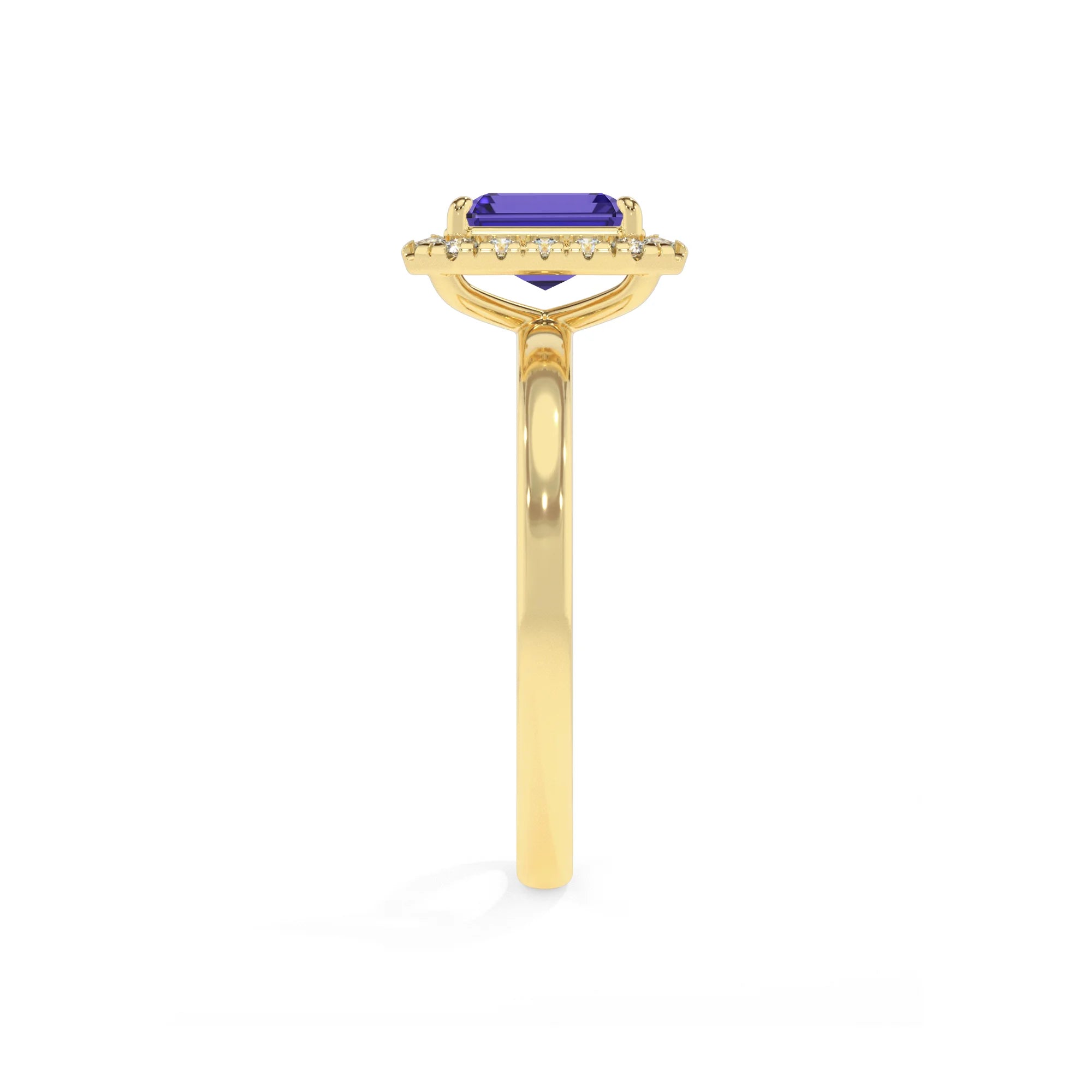 lab grown tanzanite emerald cut solitaire rings in yellow gold 