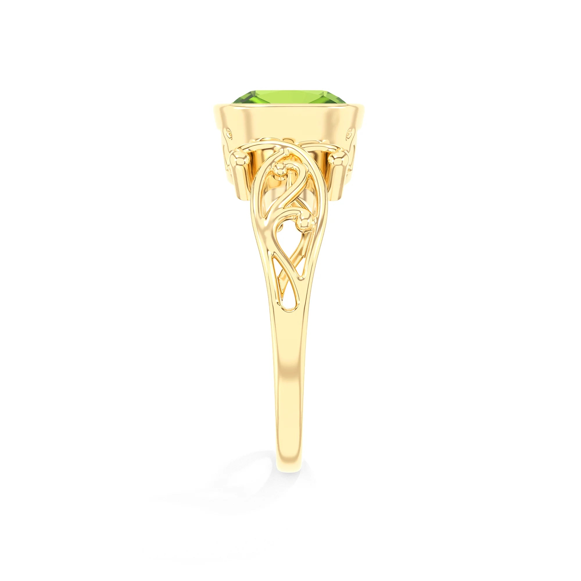 natural peridot cushion solitaire rings in yellow gold 