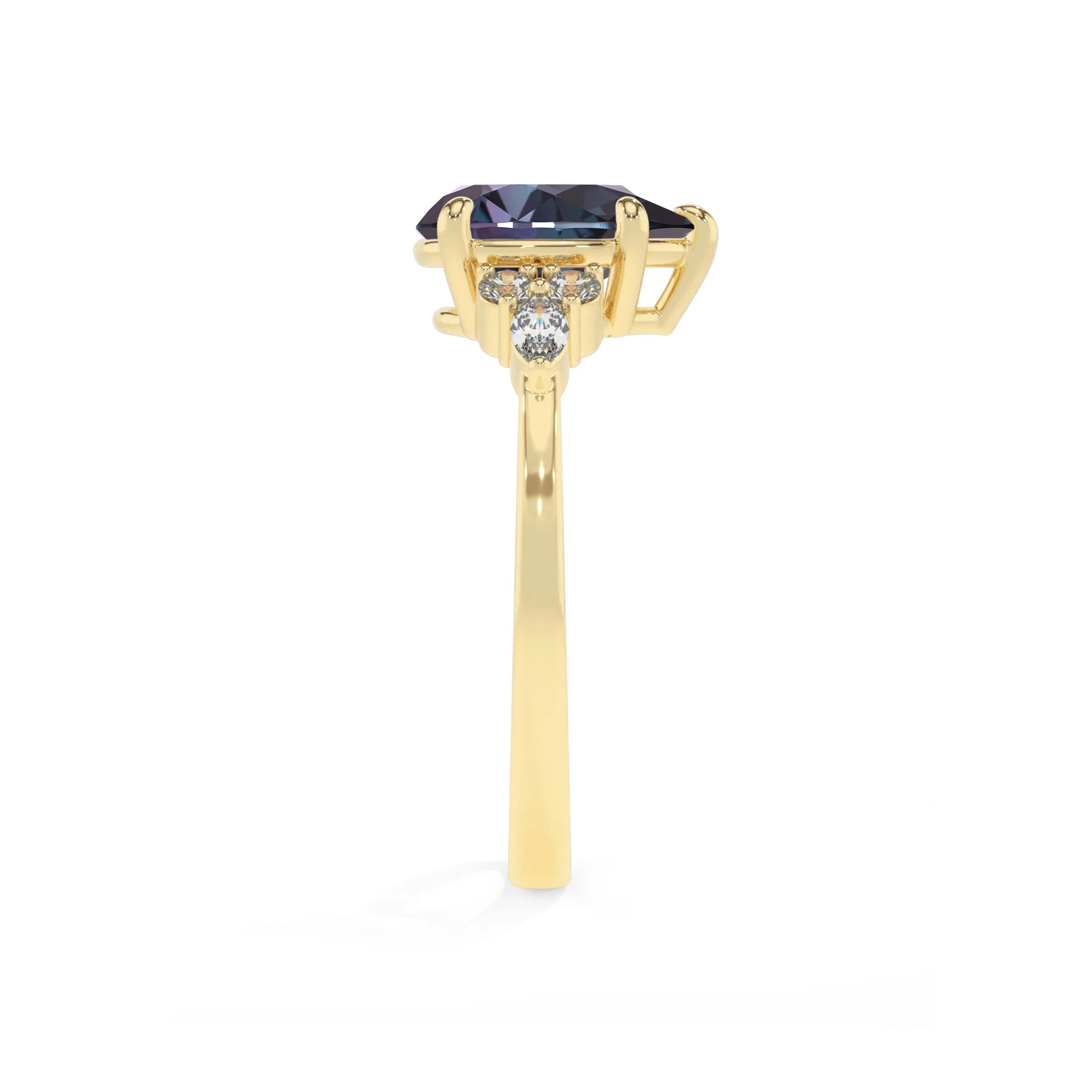 lab grown alexandrite pear solitaire rings in yellow gold 