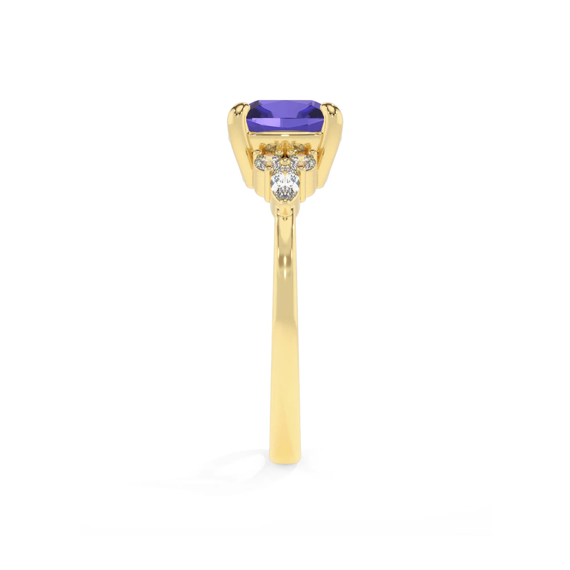 lab grown tanzanite cushion solitaire rings in yellow gold 