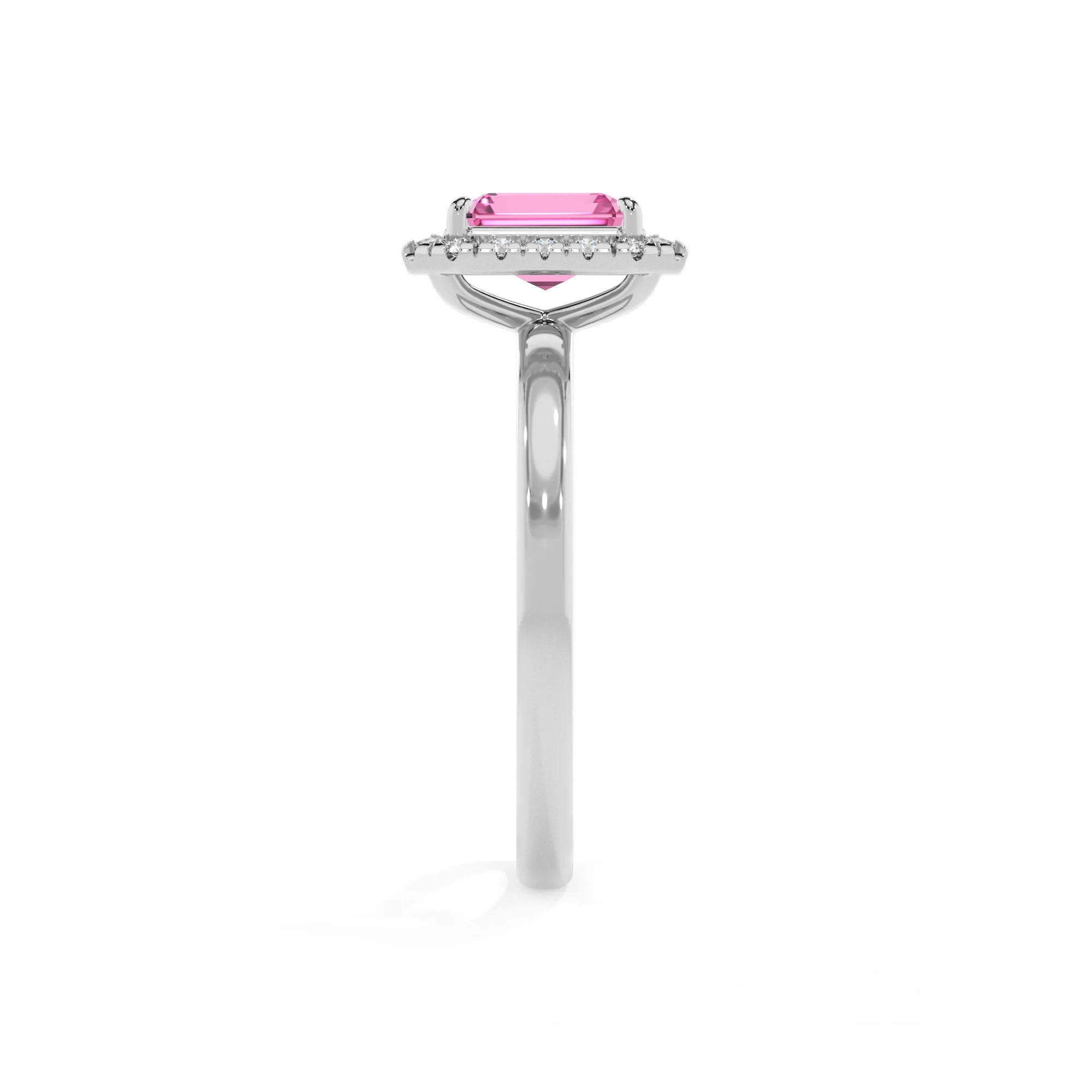 lab grown pink-sapphire emerald cut solitaire rings in platinum 