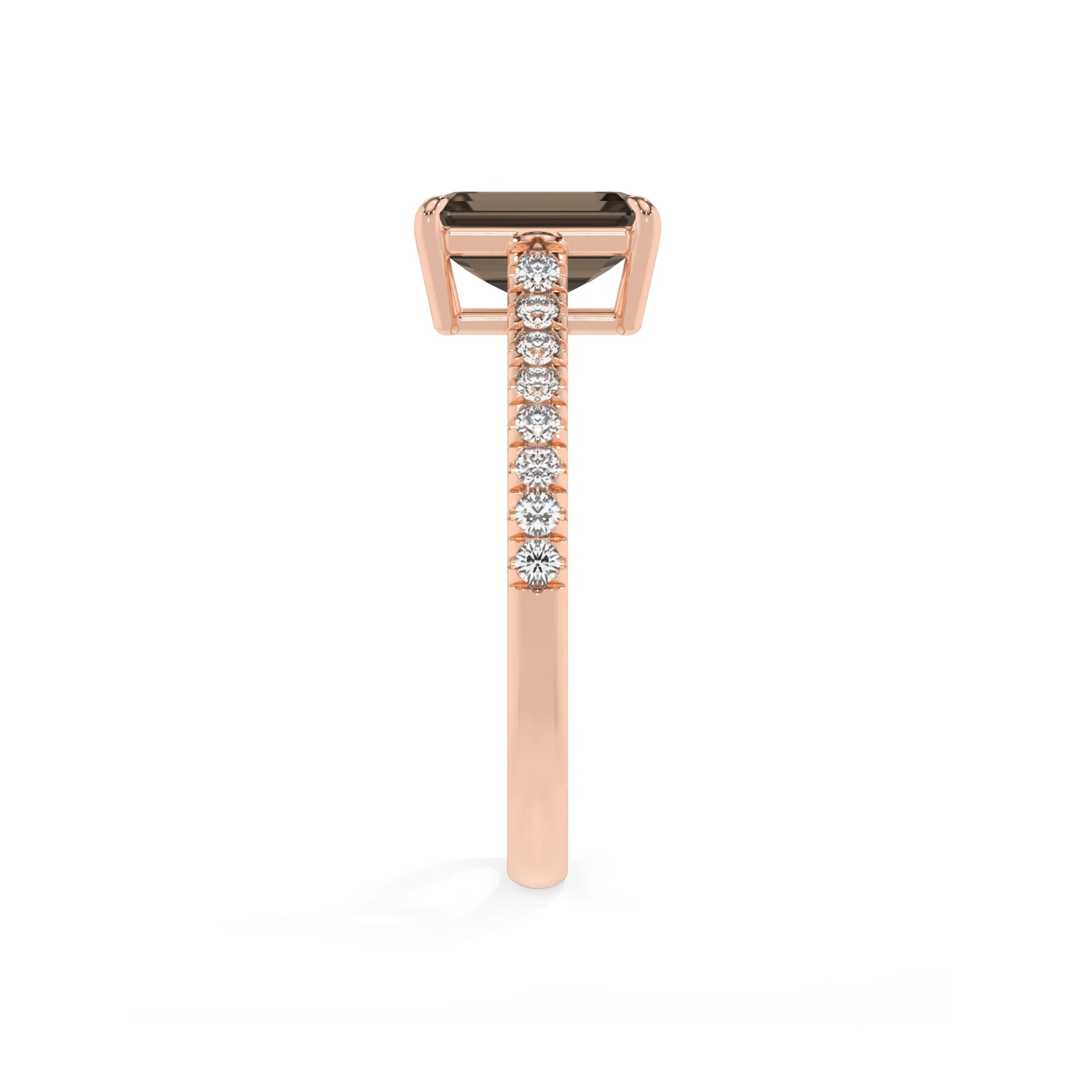 natural smoky-quartz emerald cut half eternity solitaire engagement rings in rose gold 