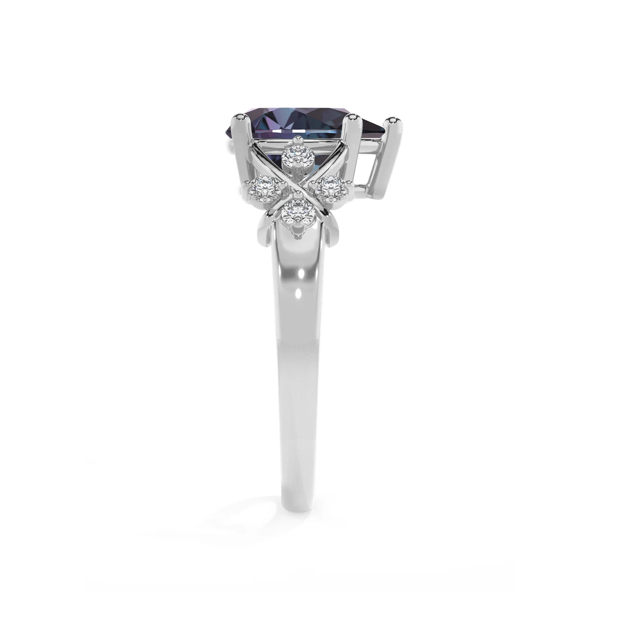lab grown alexandrite pear solitaire rings in white gold 