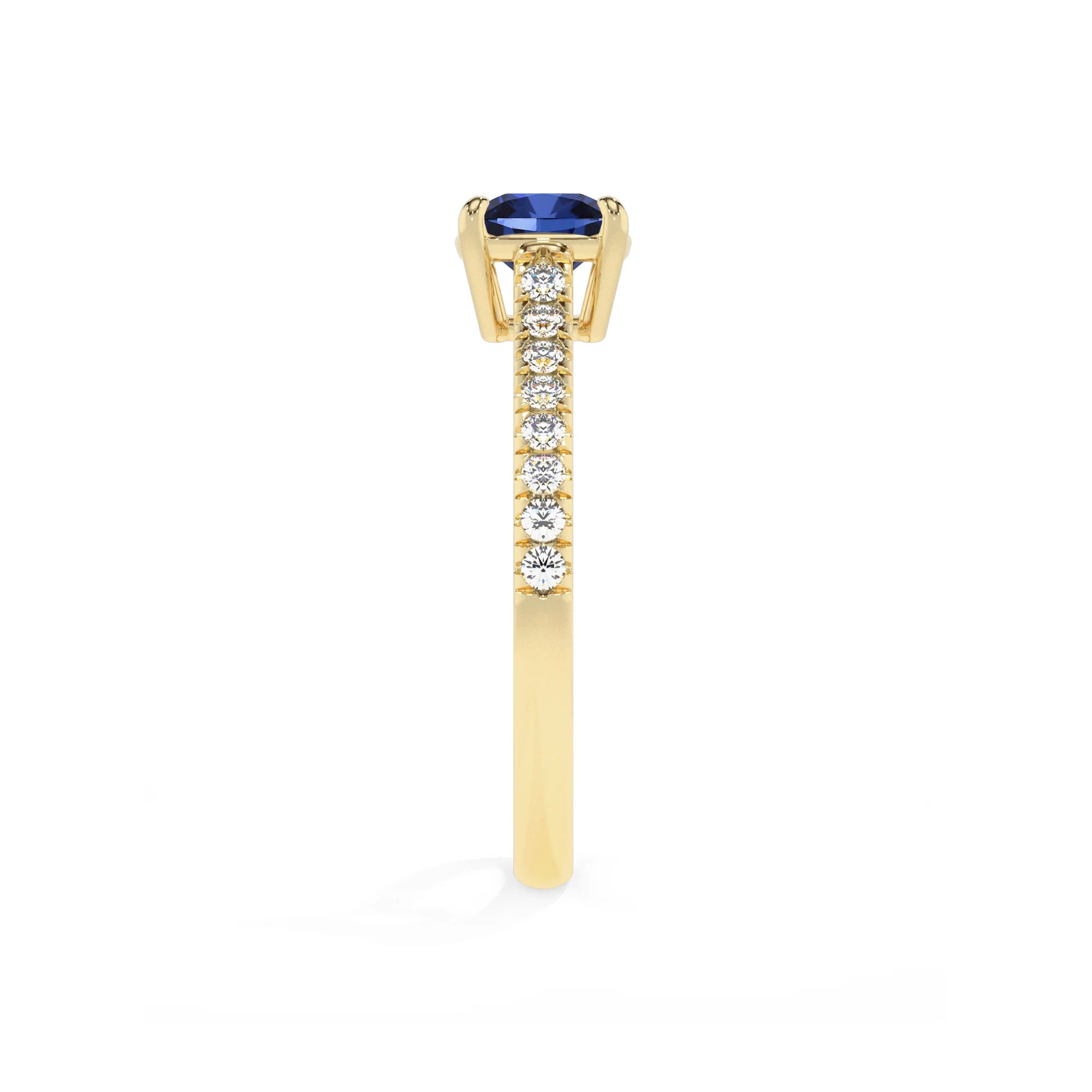 lab grown blue-sapphire cushion half eternity solitaire engagement rings in yellow gold 
