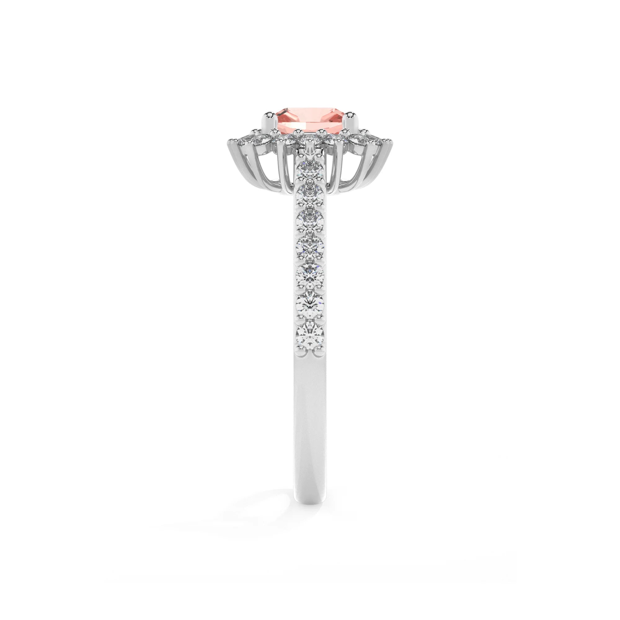 lab grown morganite cushion solitaire rings in platinum 
