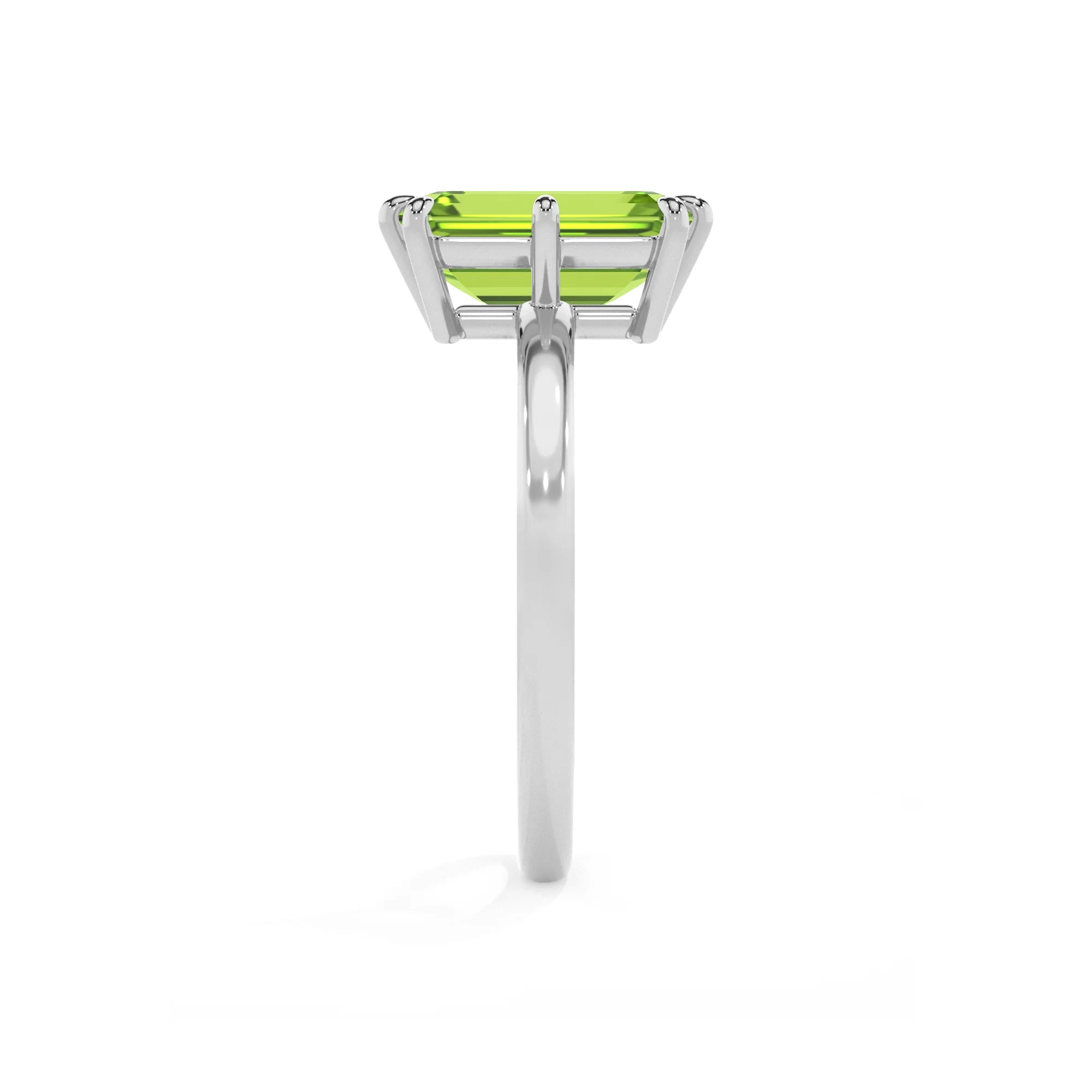 natural peridot emerald cut solitaire rings in white gold 