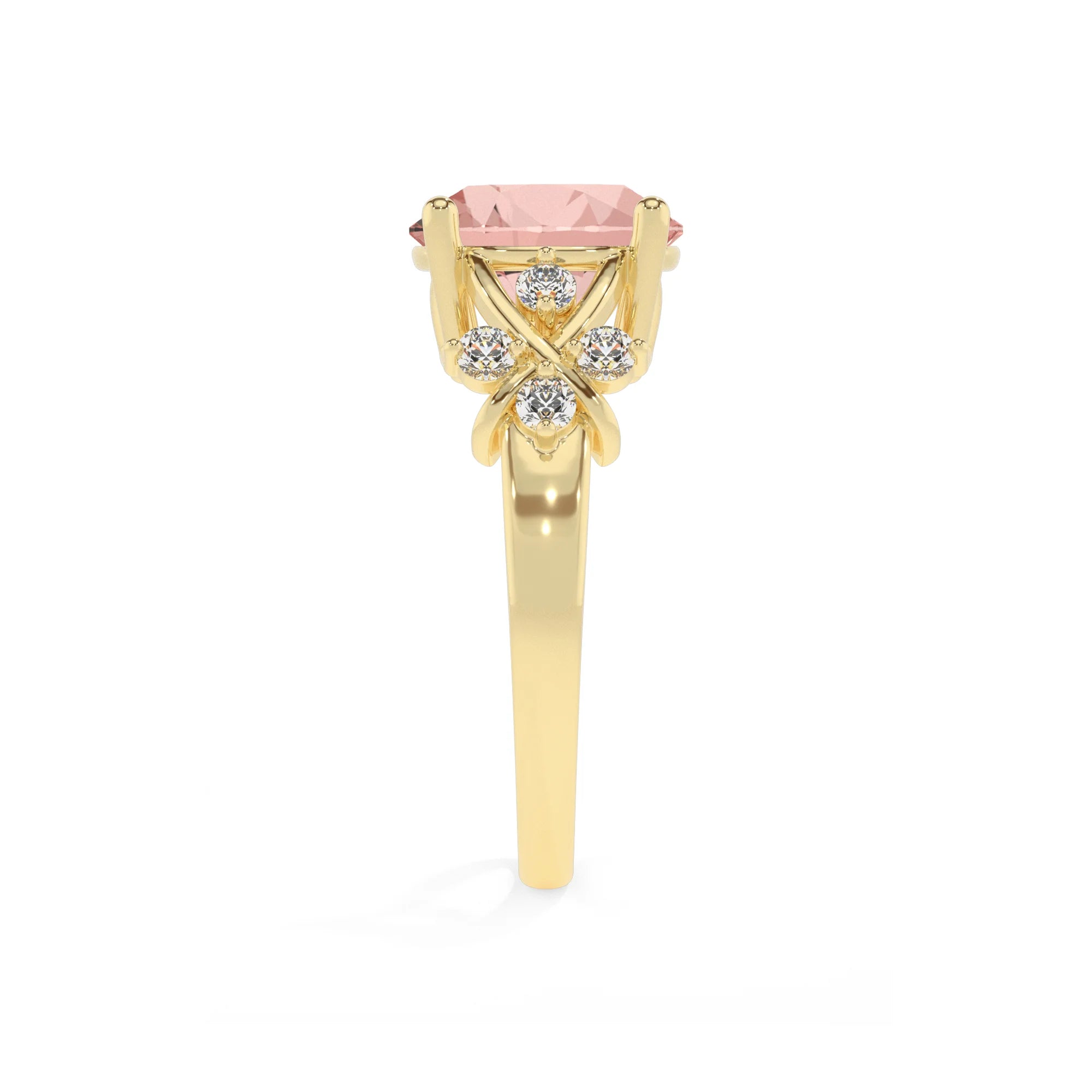 lab grown morganite round solitaire rings in yellow gold 