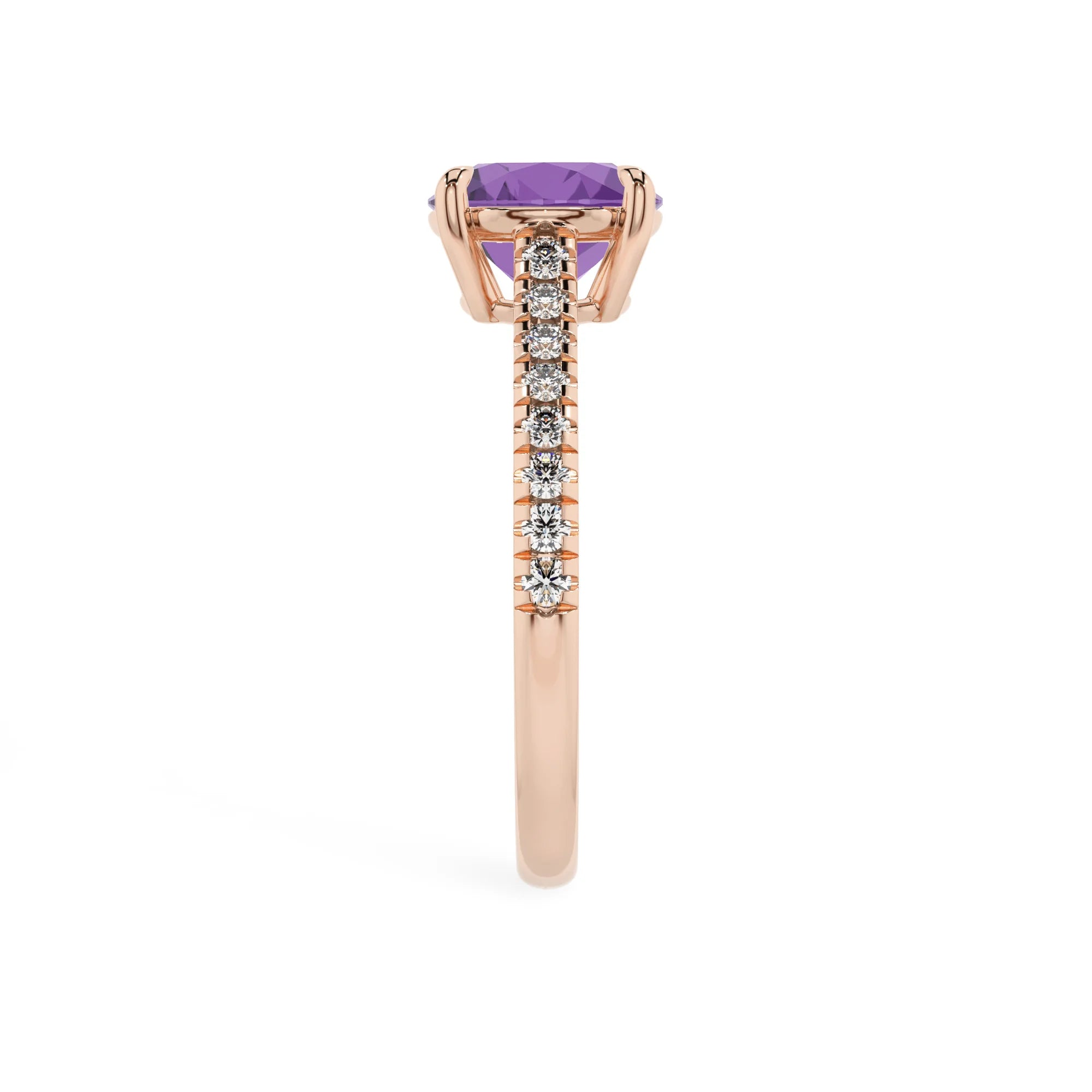 lab grown amethyst round half eternity solitaire engagement rings in rose gold 