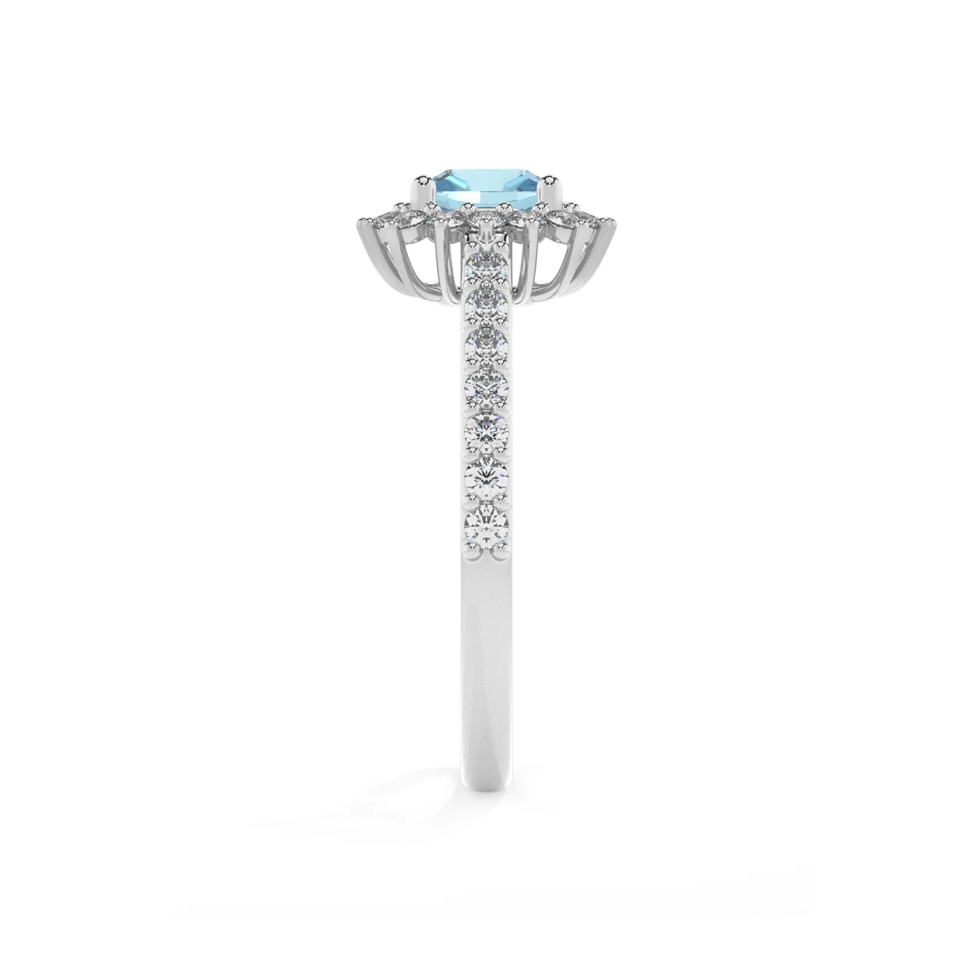 lab grown aquamarine cushion solitaire rings in white gold 