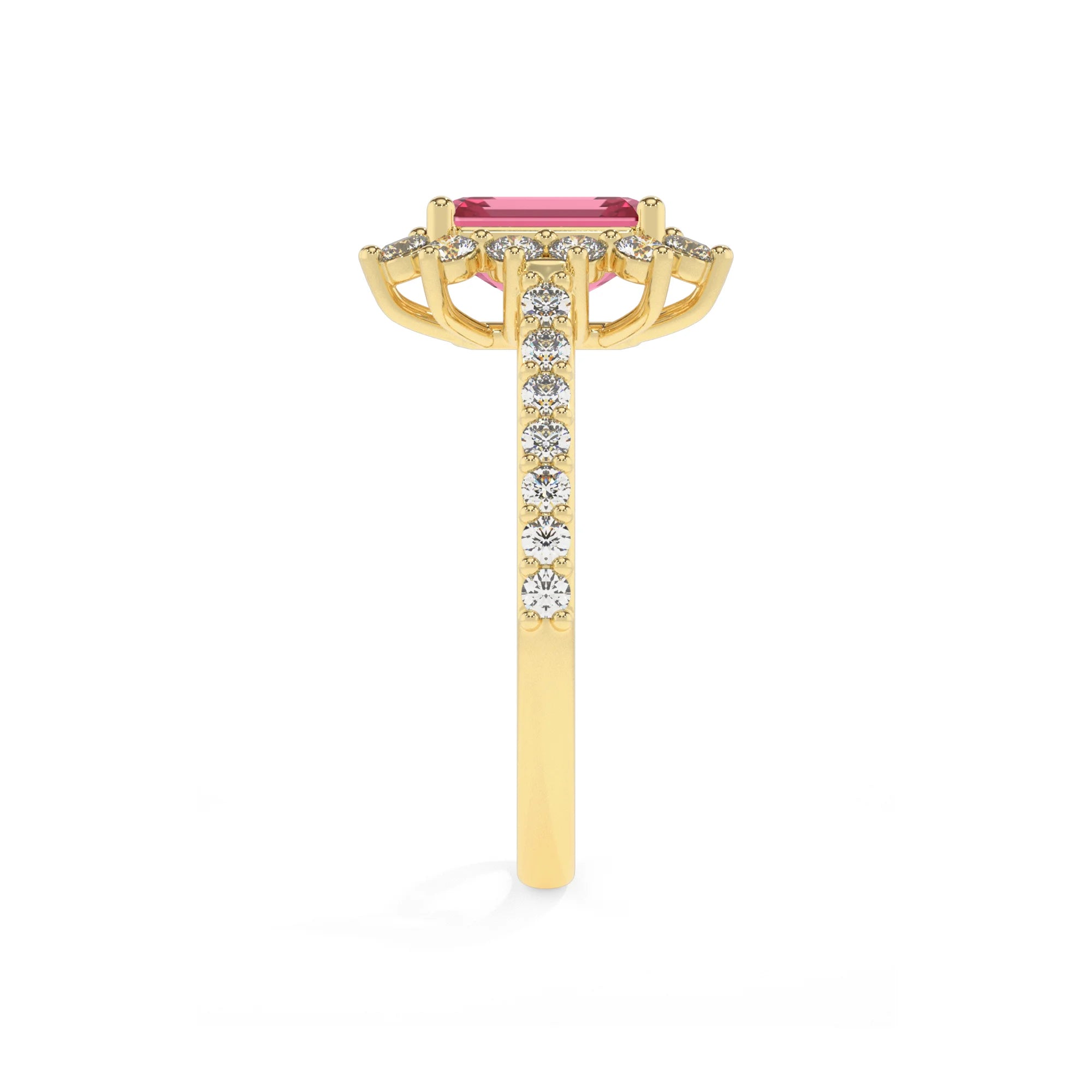 lab grown pink-tourmaline emerald cut solitaire rings in yellow gold 
