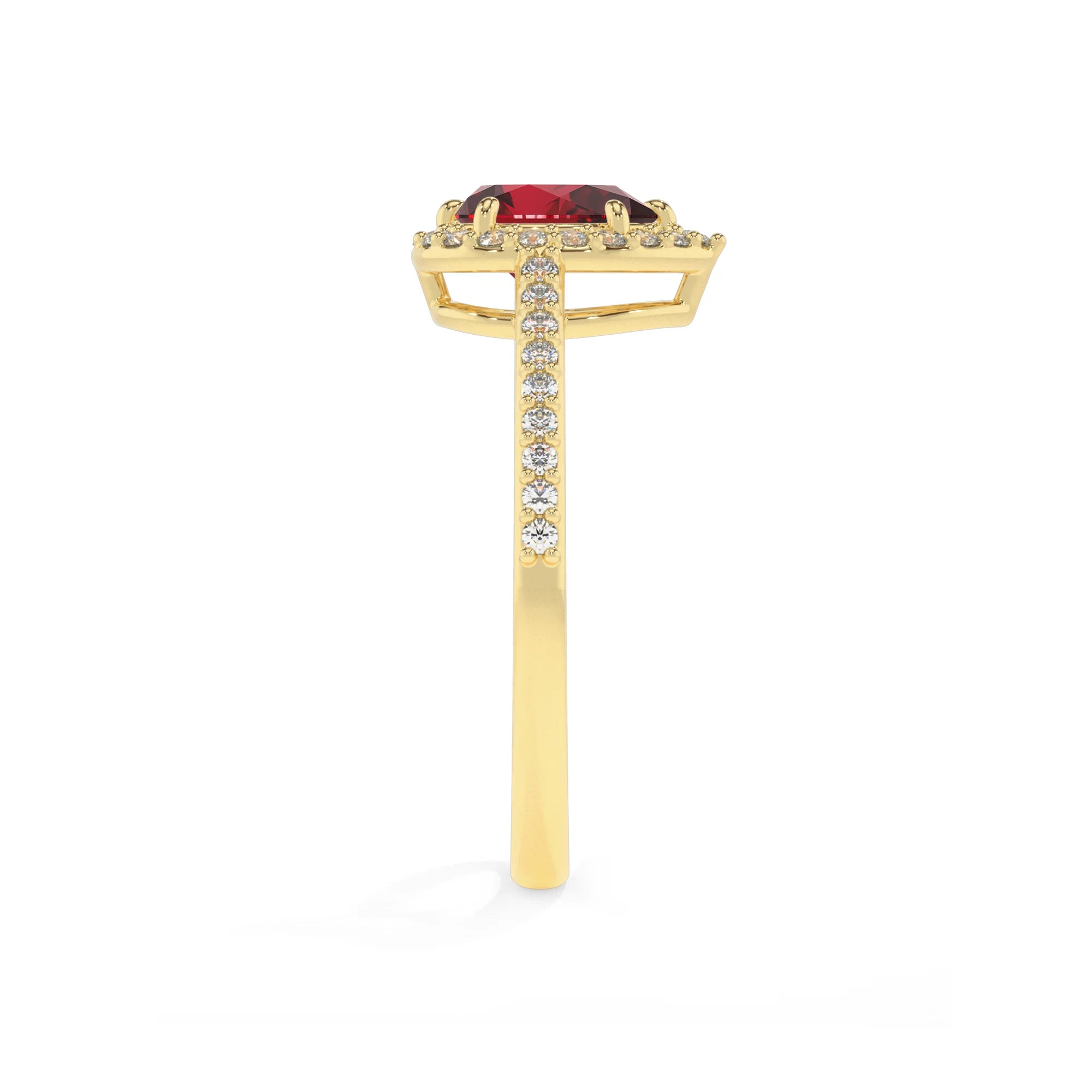 lab grown ruby pear solitaire rings in yellow gold 