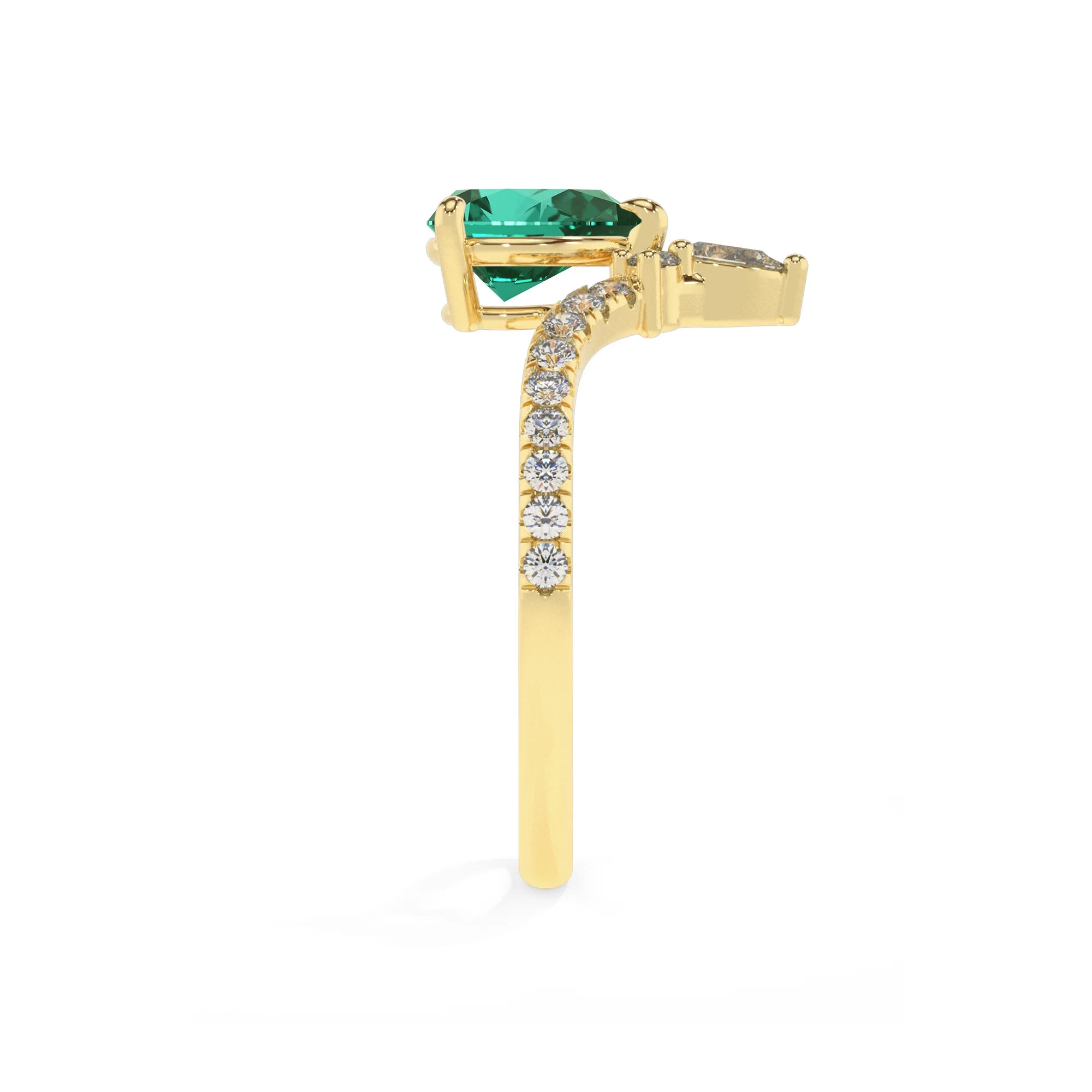 lab grown emerald pear solitaire rings in yellow gold 