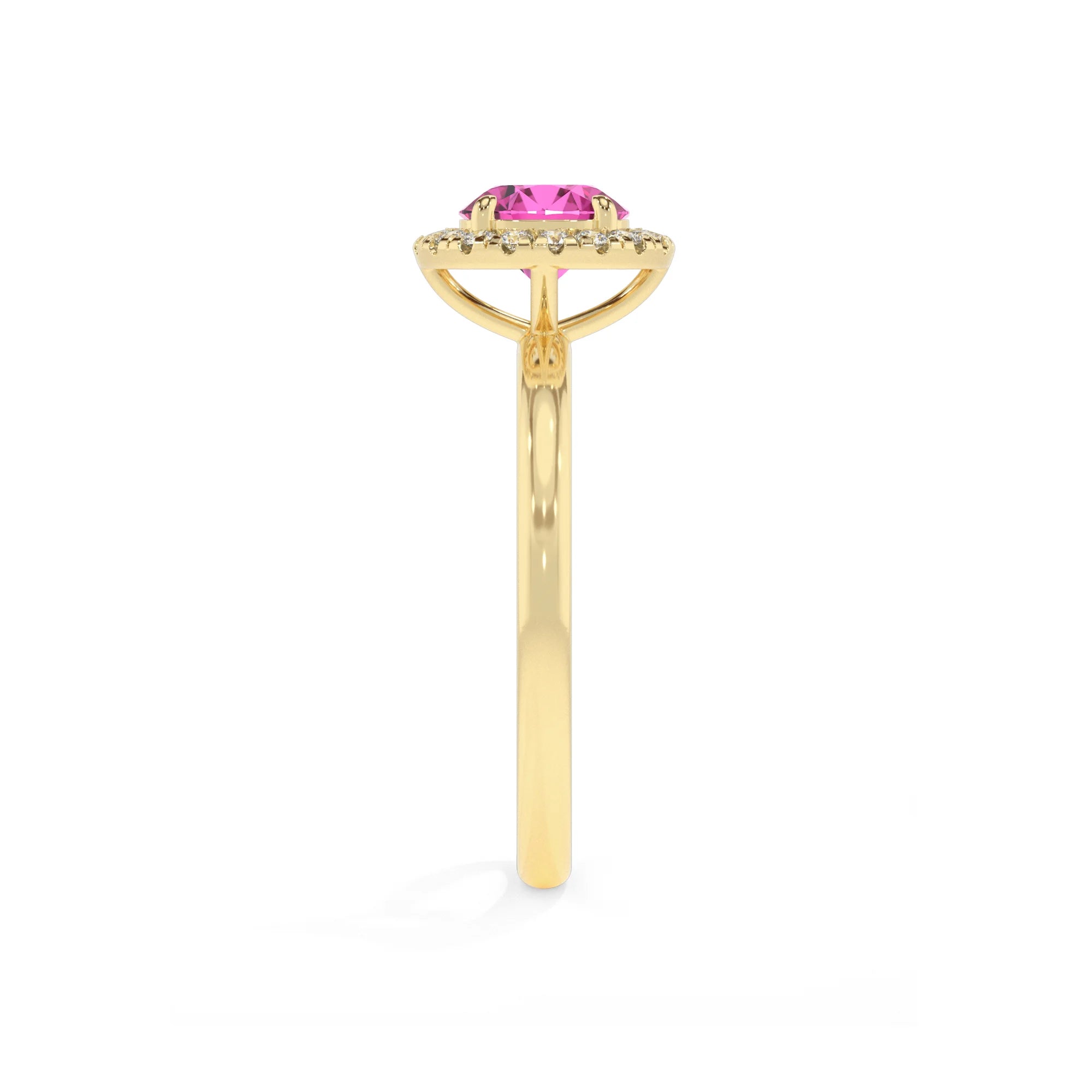 lab grown pink-sapphire round solitaire rings in yellow gold 