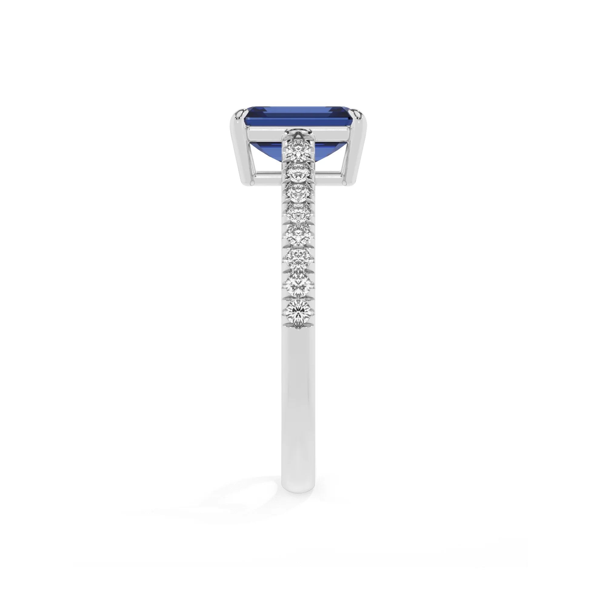 lab grown blue-sapphire emerald cut half eternity solitaire engagement rings in platinum 