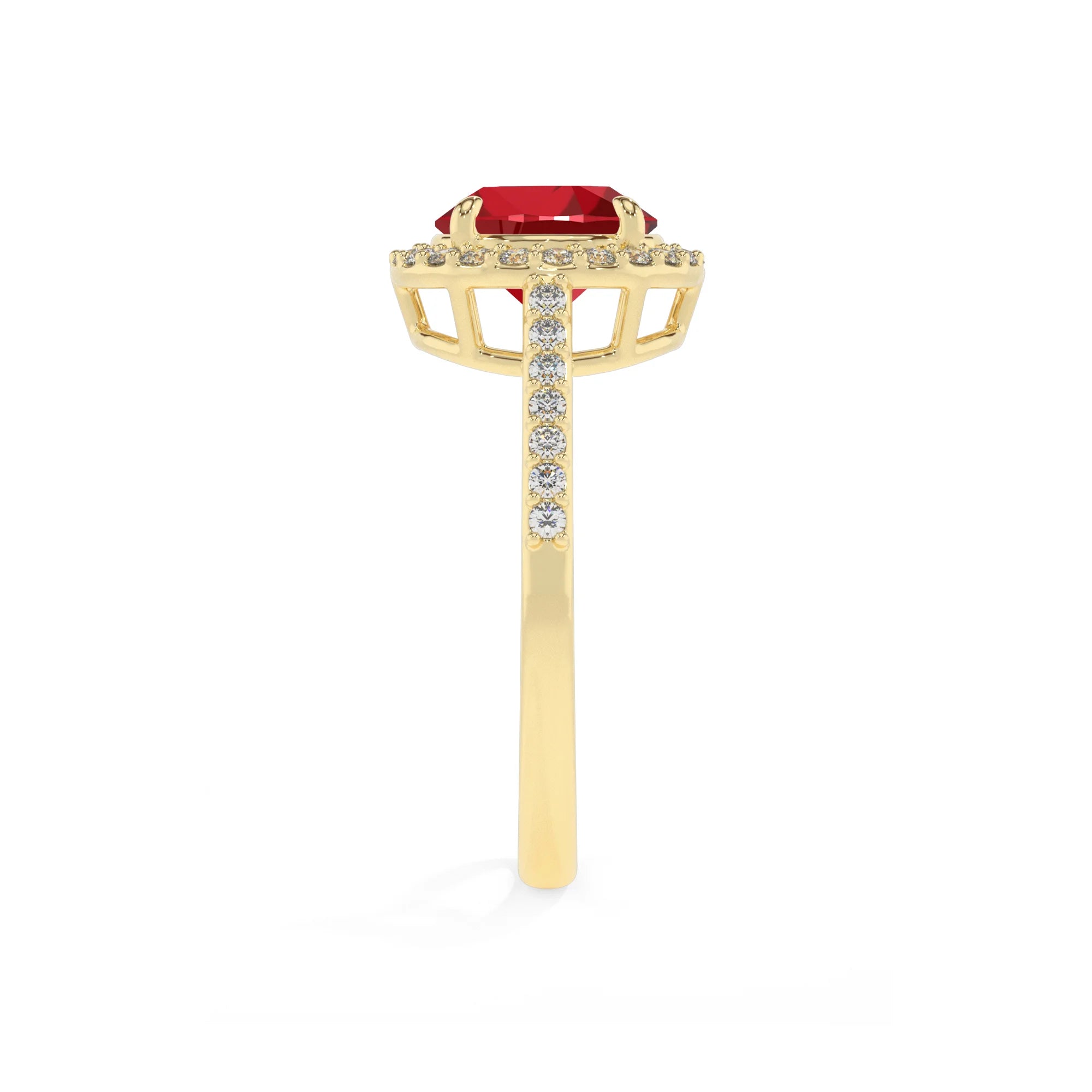 lab grown ruby round solitaire rings in yellow gold 