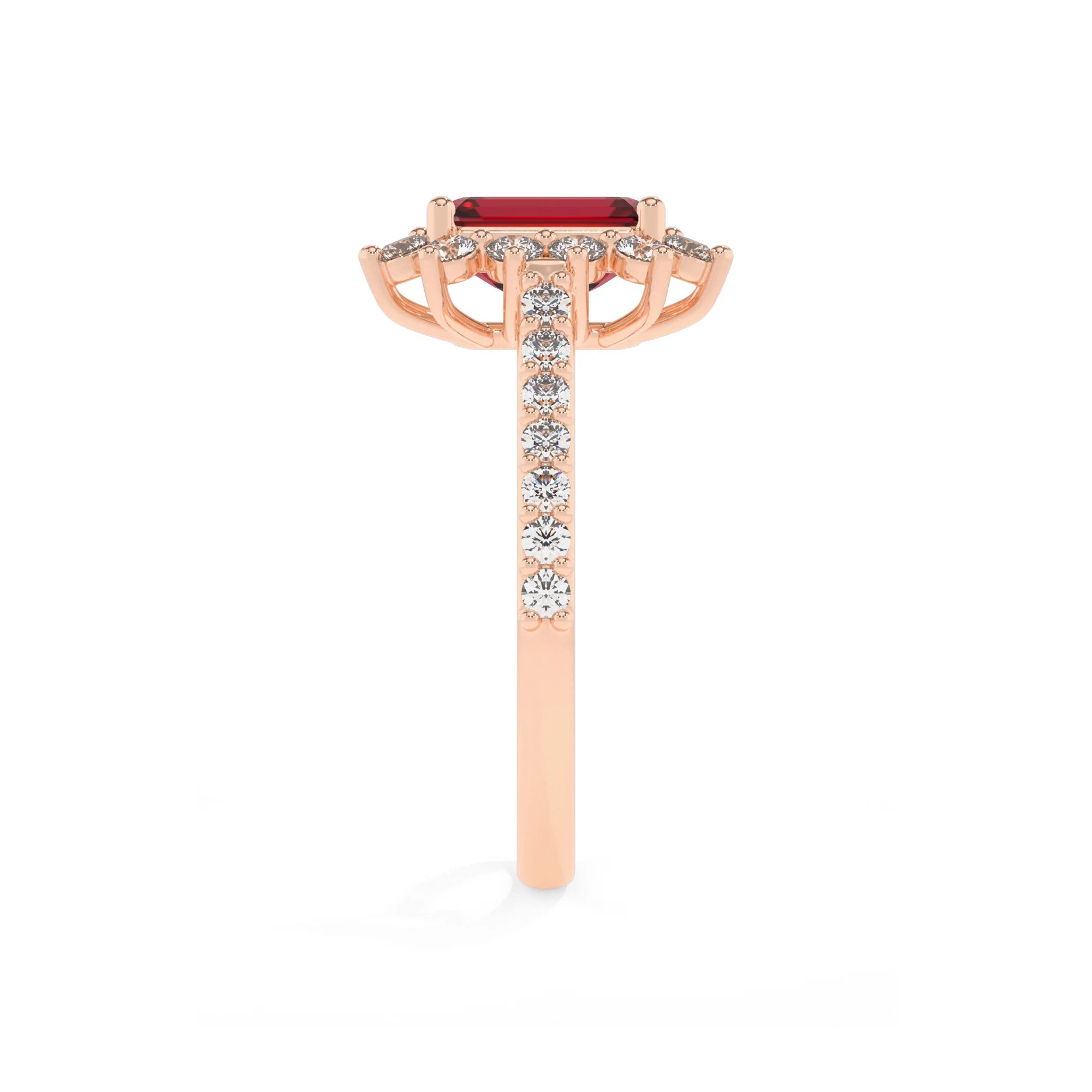 lab grown ruby emerald cut solitaire rings in rose gold 