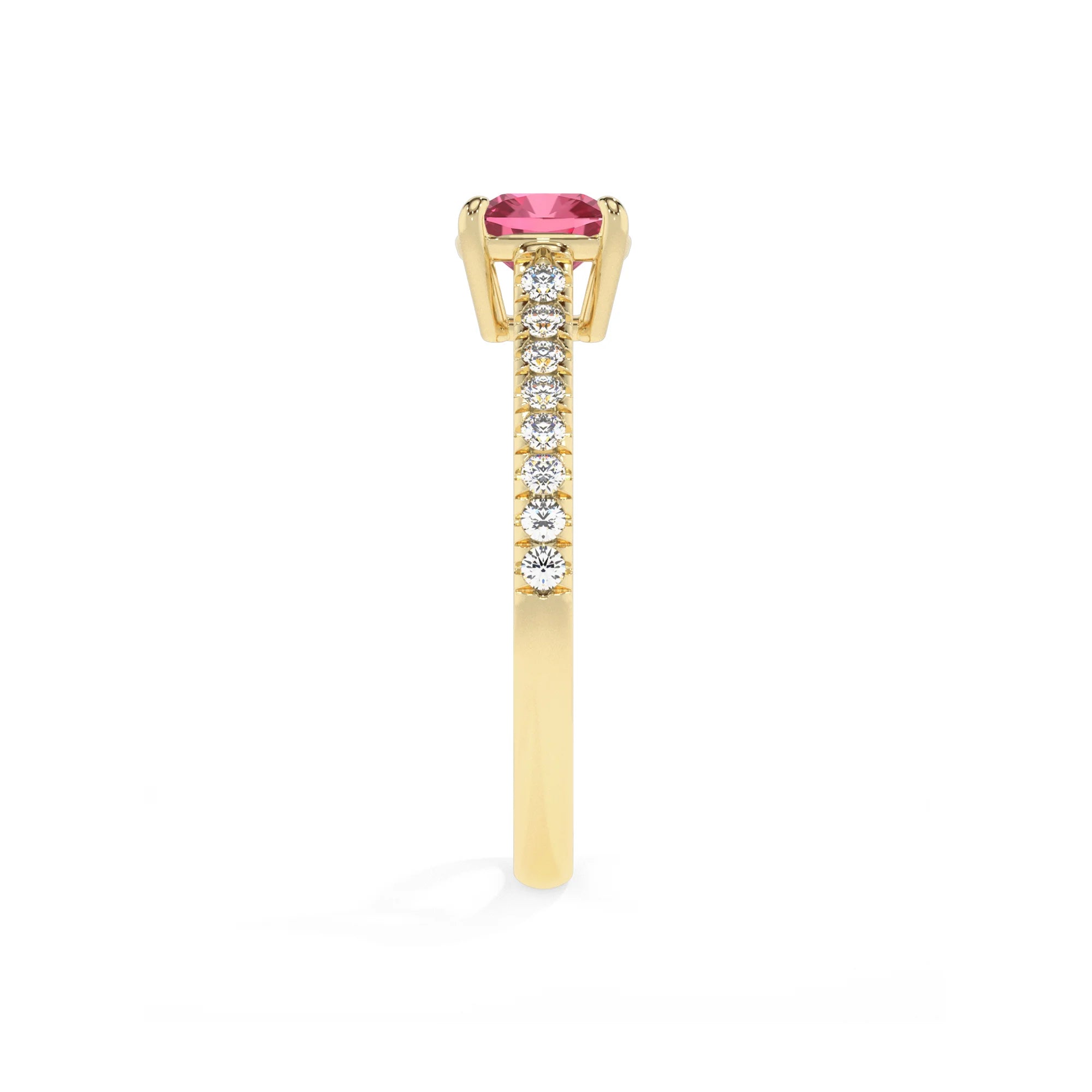 lab grown pink-tourmaline cushion half eternity solitaire engagement rings in yellow gold 