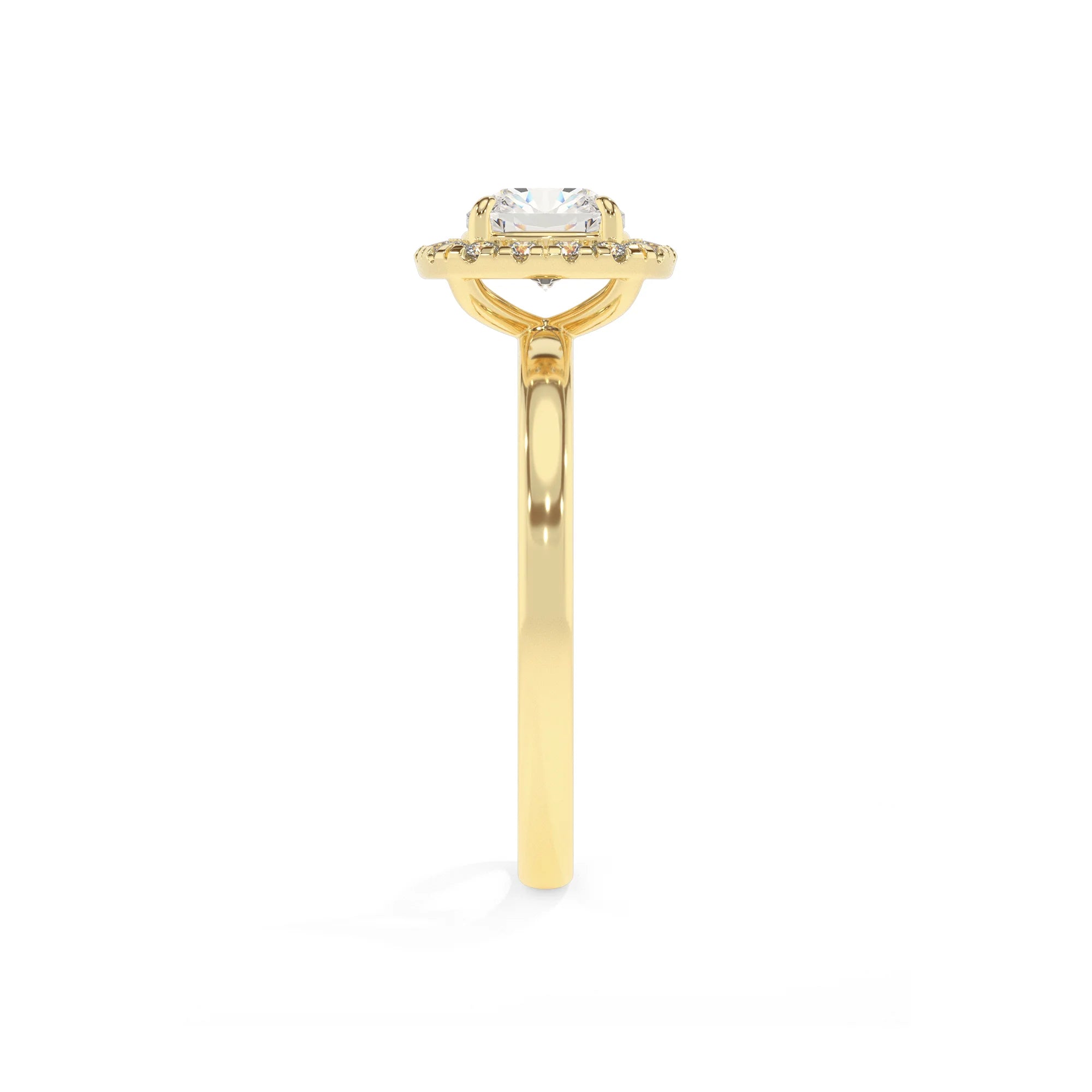 lab grown moissanite cushion solitaire rings in yellow gold 