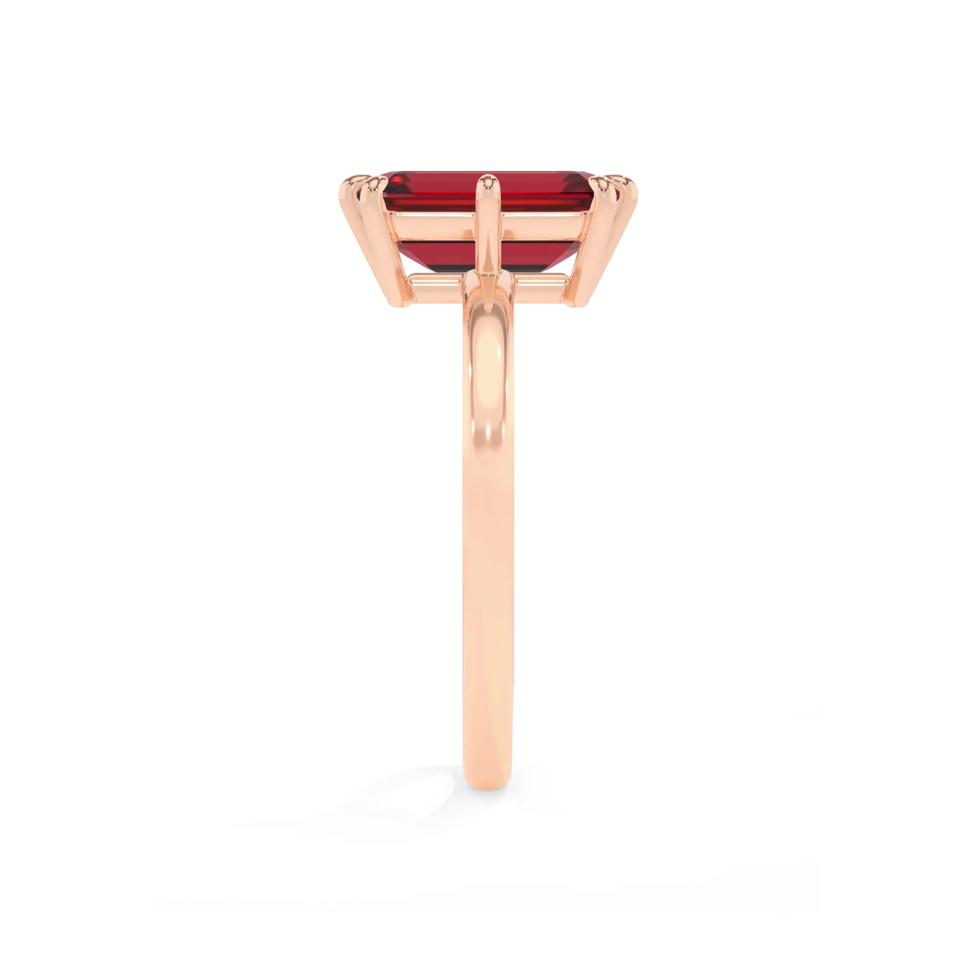 lab grown ruby emerald cut solitaire rings in rose gold 