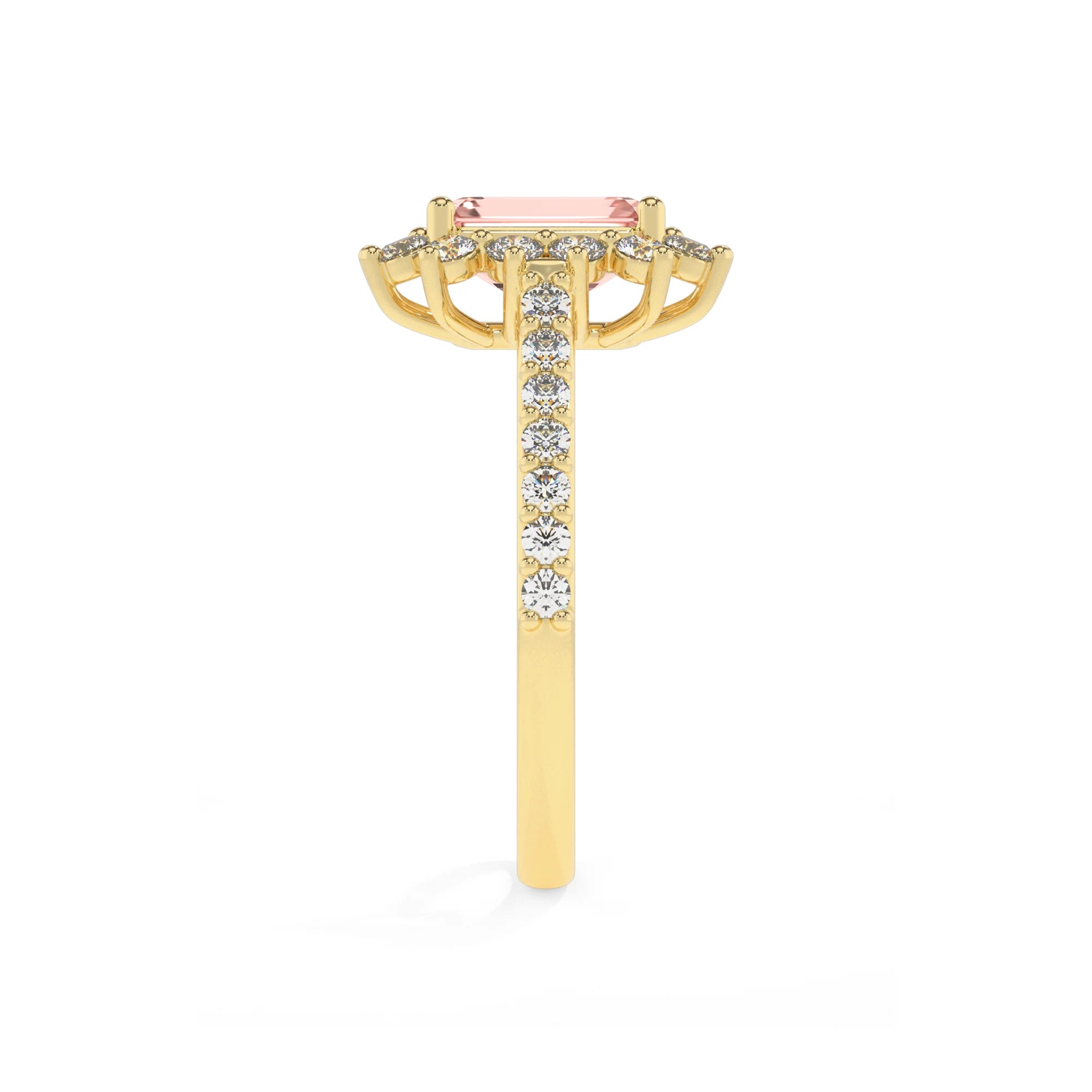 lab grown morganite emerald cut solitaire rings in yellow gold 