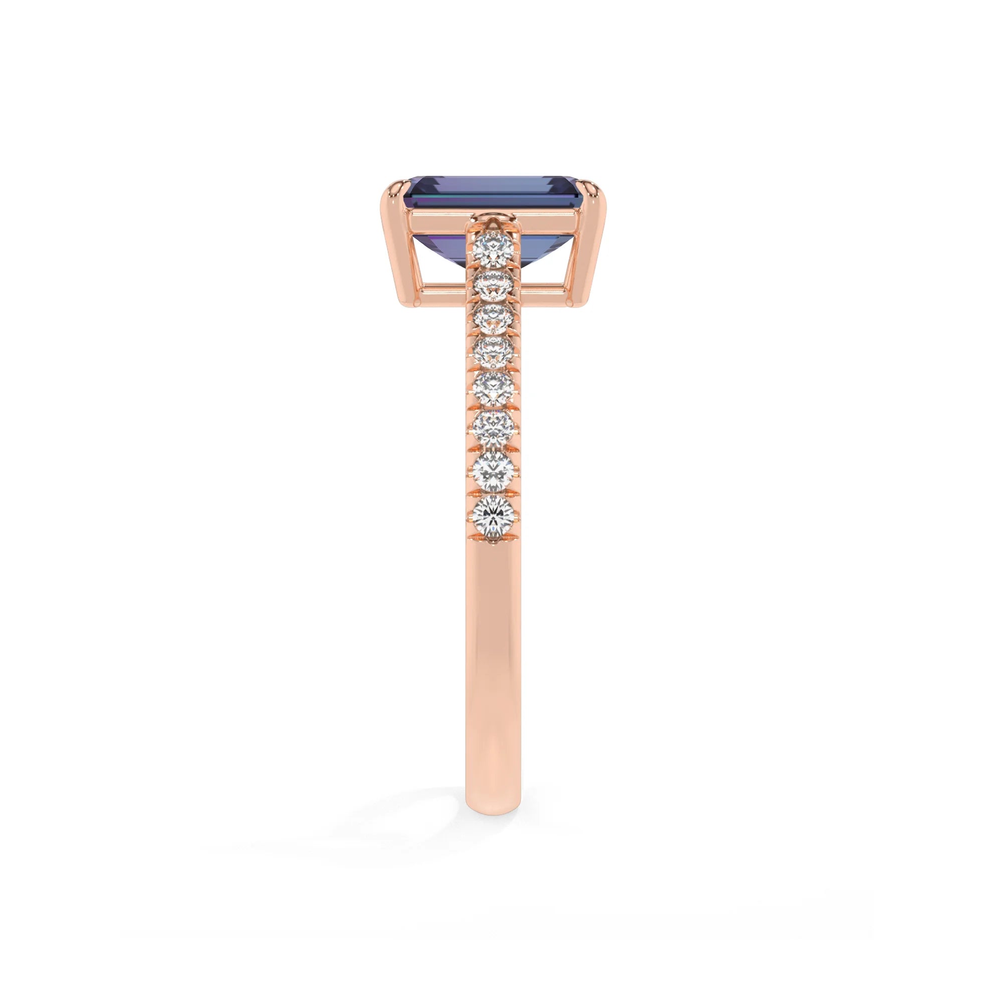 lab grown alexandrite emerald cut half eternity solitaire engagement rings in rose gold 