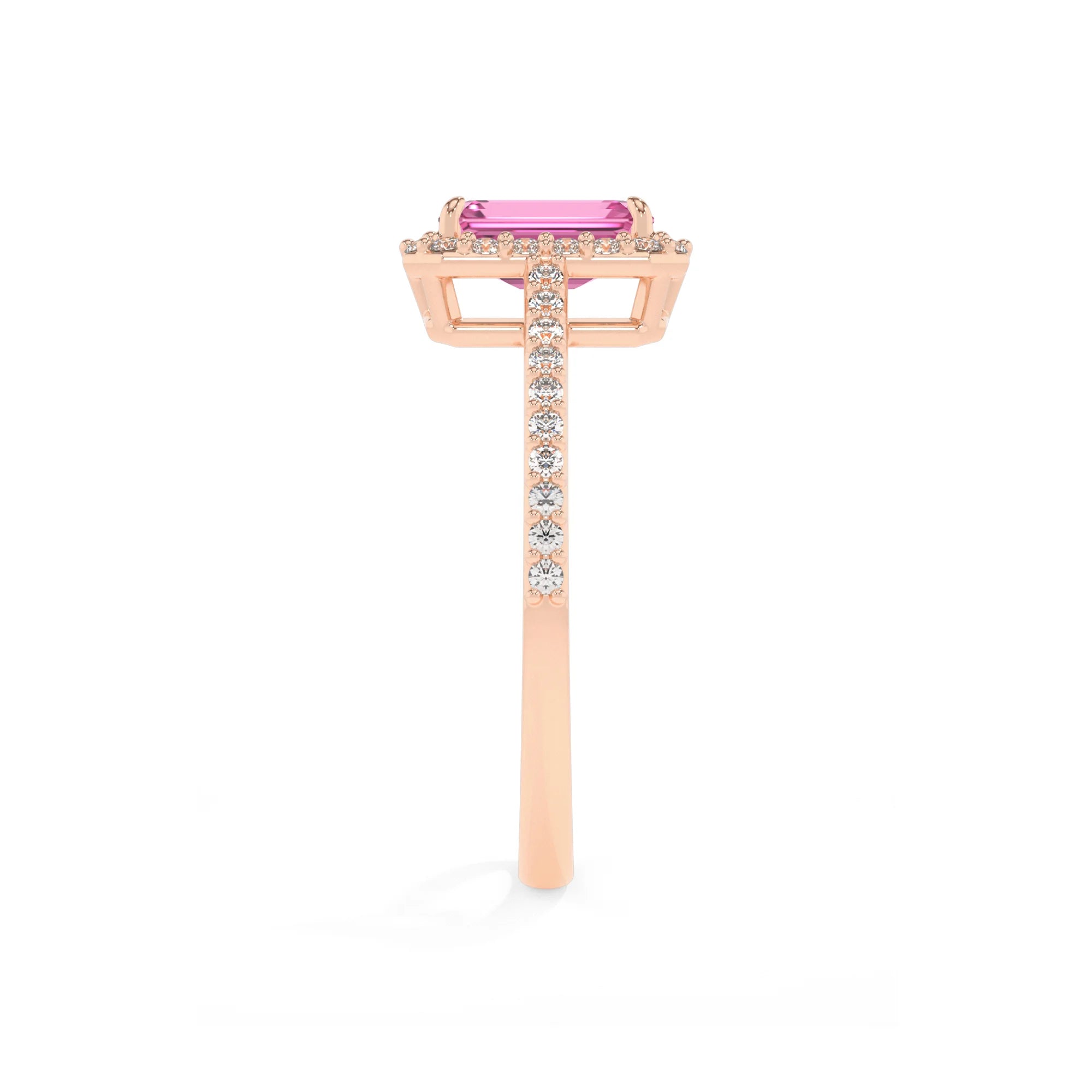 lab grown pink-sapphire emerald cut solitaire rings in rose gold 