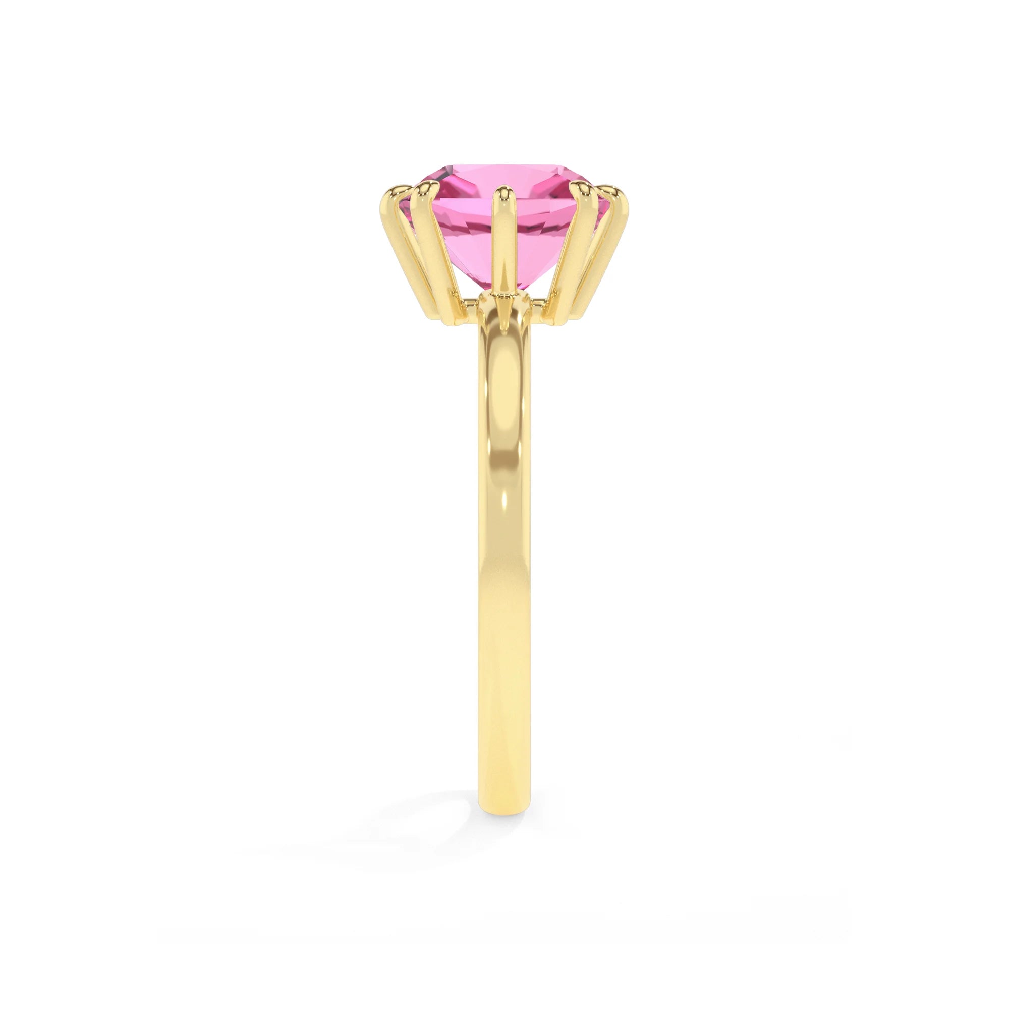 lab grown pink-sapphire cushion solitaire rings in yellow gold 