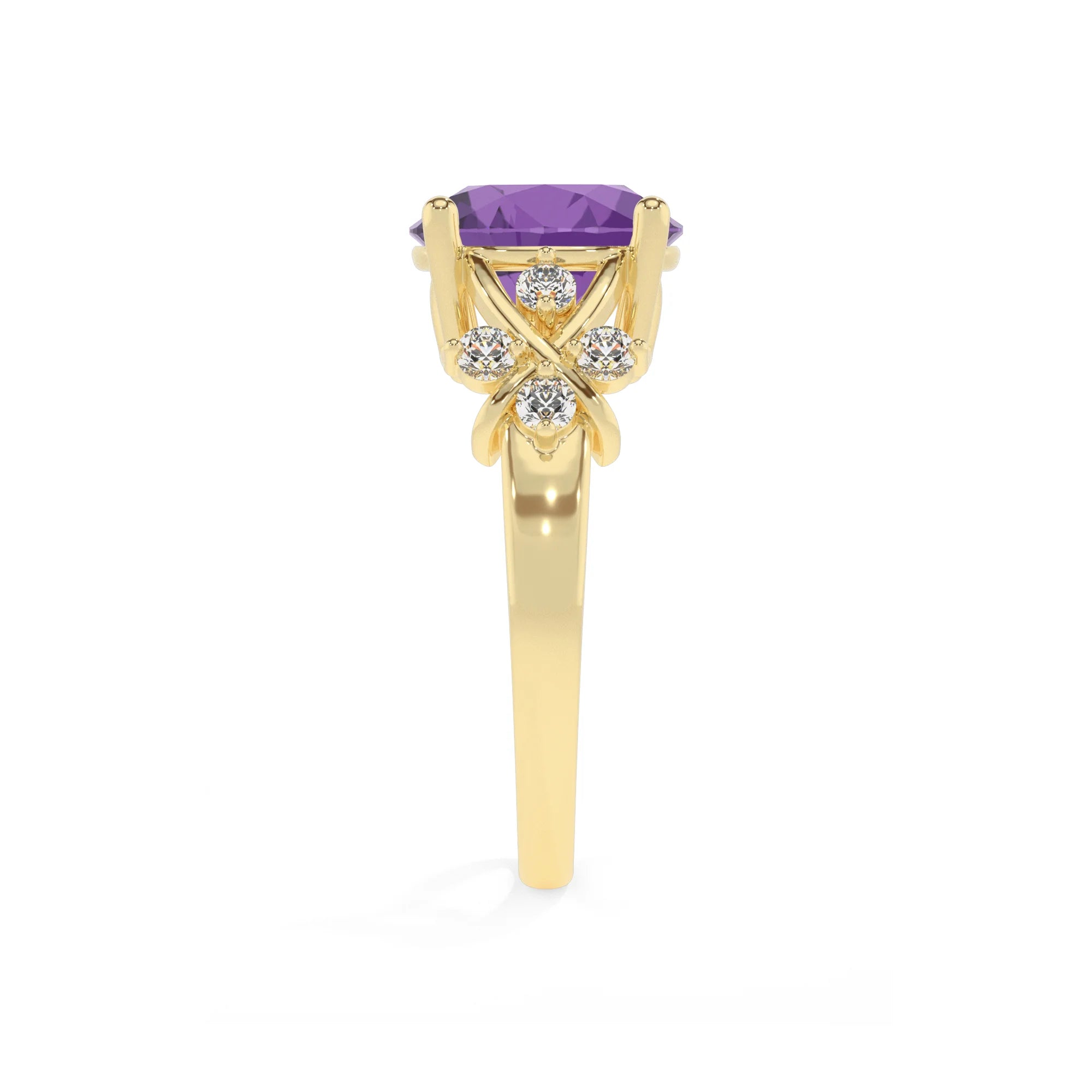 lab grown amethyst round solitaire rings in yellow gold 