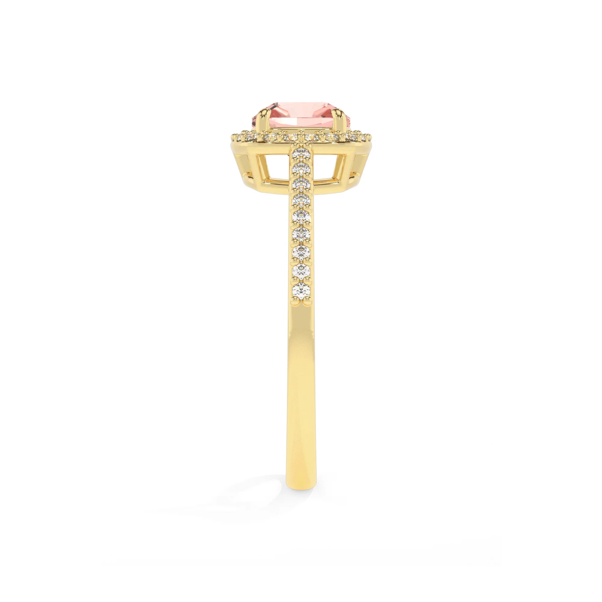 lab grown morganite cushion solitaire rings in yellow gold 