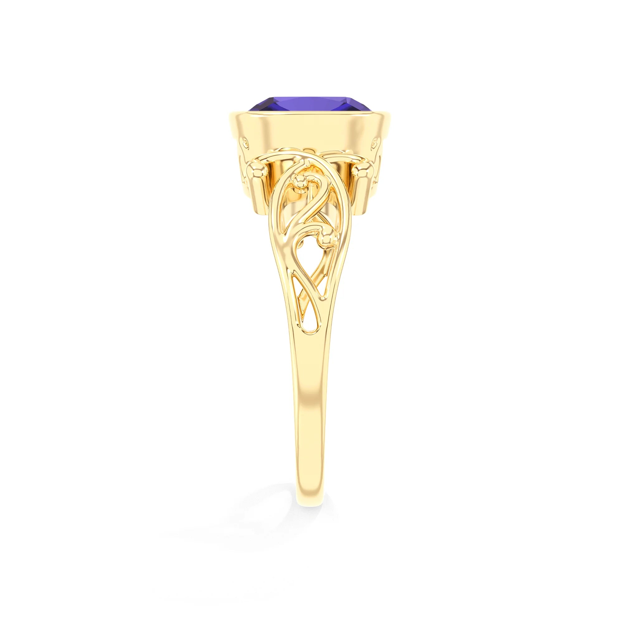 lab grown tanzanite cushion solitaire rings in yellow gold 
